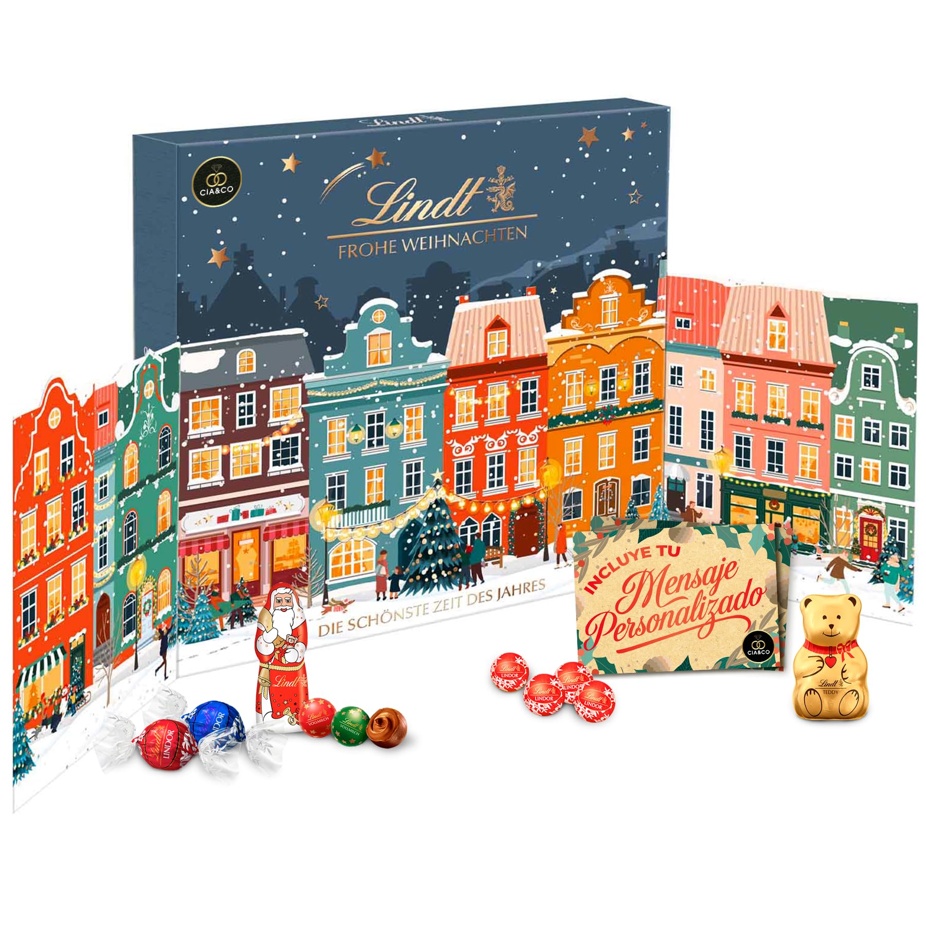Calendario de Adviento LINDT Ciudad Navideña XXL 2025 · Formato Desplegable con Efectos Dorados · Bombones, y Figuras Lindor · Incluye Tarjeta Personalizada Cia&Co · Regalo Premium de Navidad 153 g