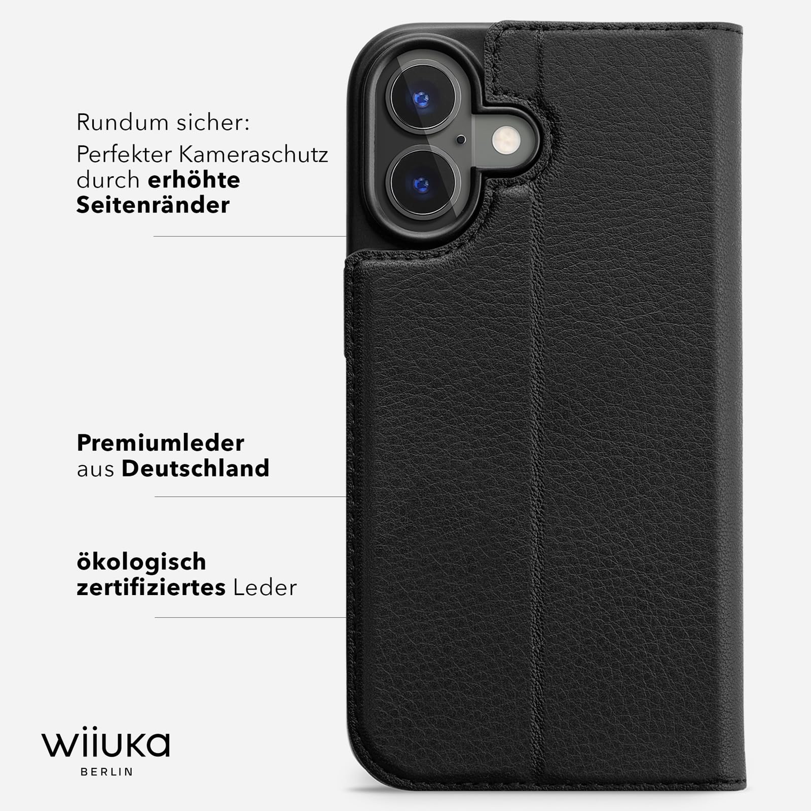WIIUKA Hülle für iPhone 17, Leder aus Deutschland, mit Kartenfach, extra Dünn, Handyhülle mit Standfunktion, Tasche, Klapphülle, suiit, Schwarz