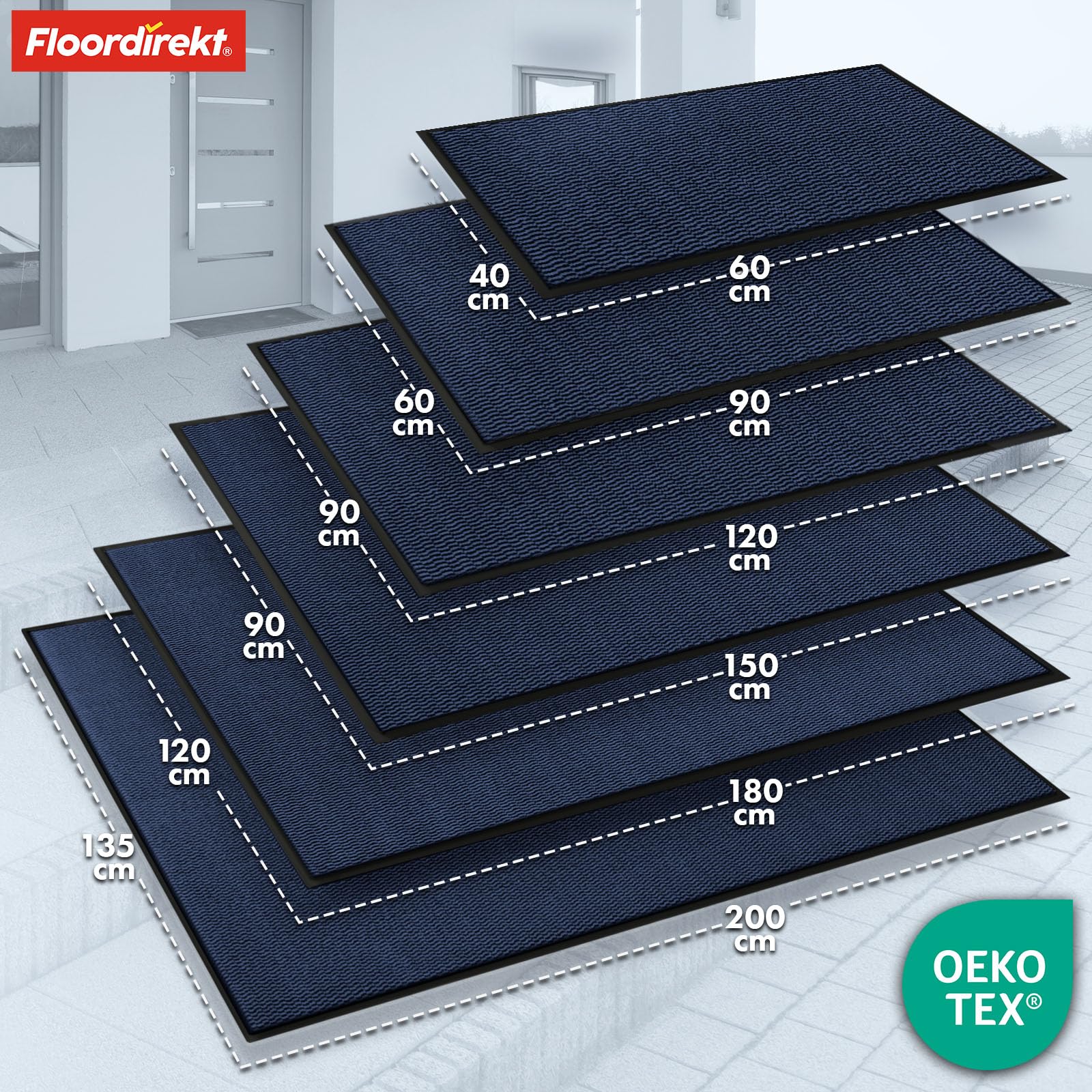 Floordirekt Premium Zerbino per ingresso, 80x120cm Blu, antiscivolo e lavabile, zerbino per interno ed esterno, Sky Novo