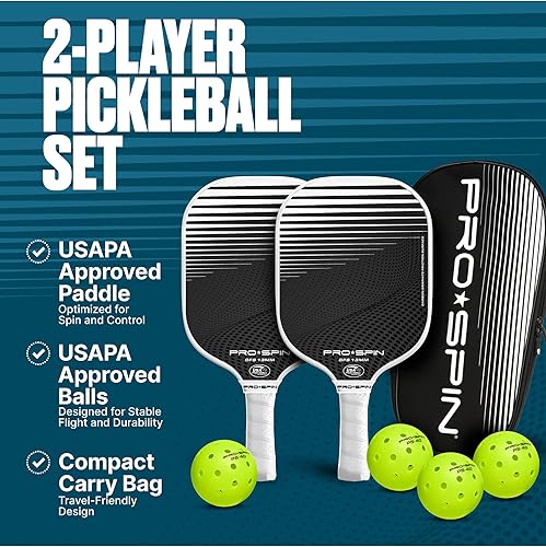 Miniatura 2 de PRO-SPIN Paletas de pickleball de fibra de carbono, juego de 2 con bolas para interiores y exteriores, bolsa o 1 paquete con cubierta, regalo