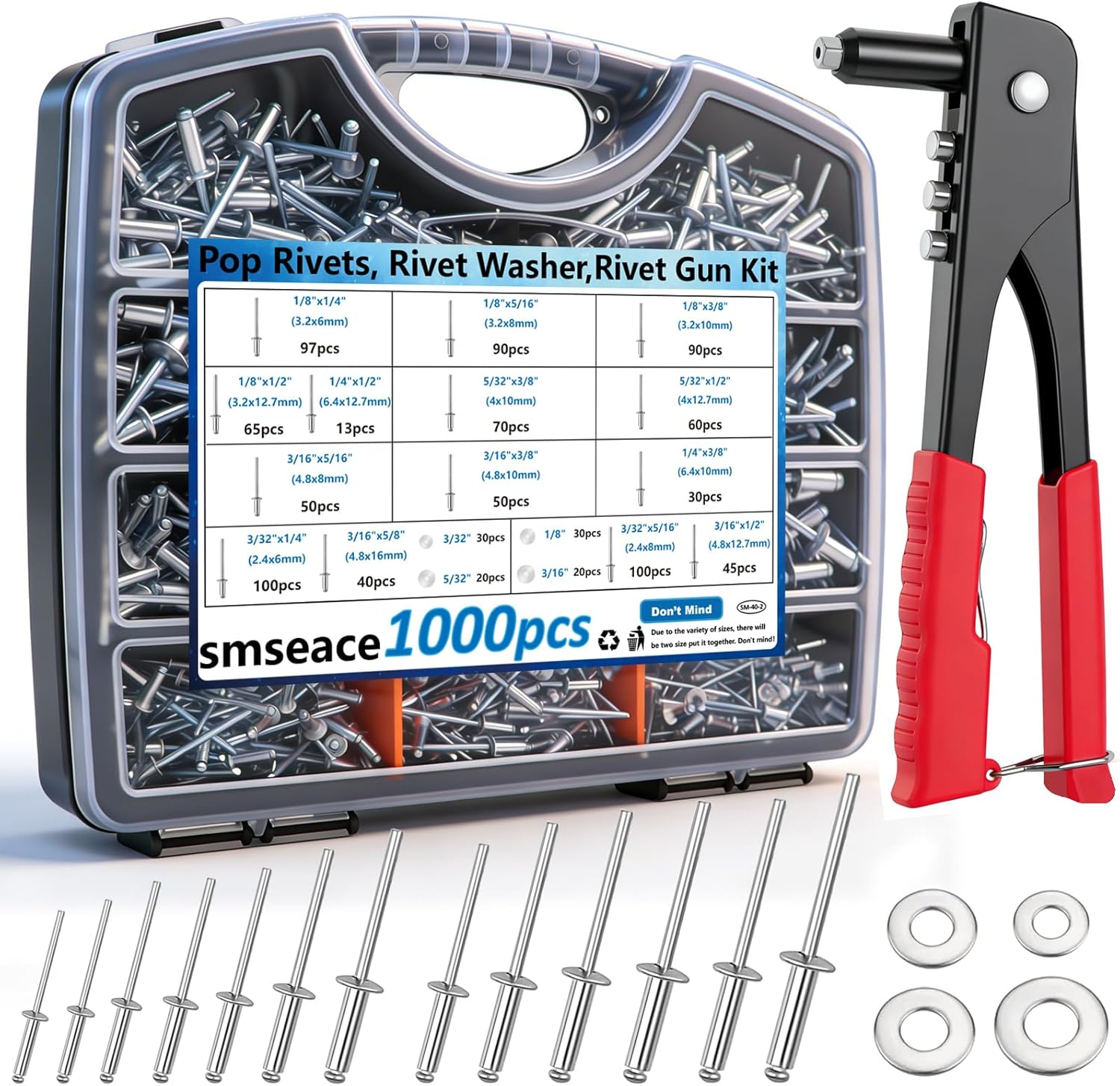smseace Black, Silver(Can Choose) Pop Rivet Gun Kit Black Pop Rivets, Large Flange Rivets, Washers and Rivets Gun Tool Packed in Portable Toolbox with Color Label