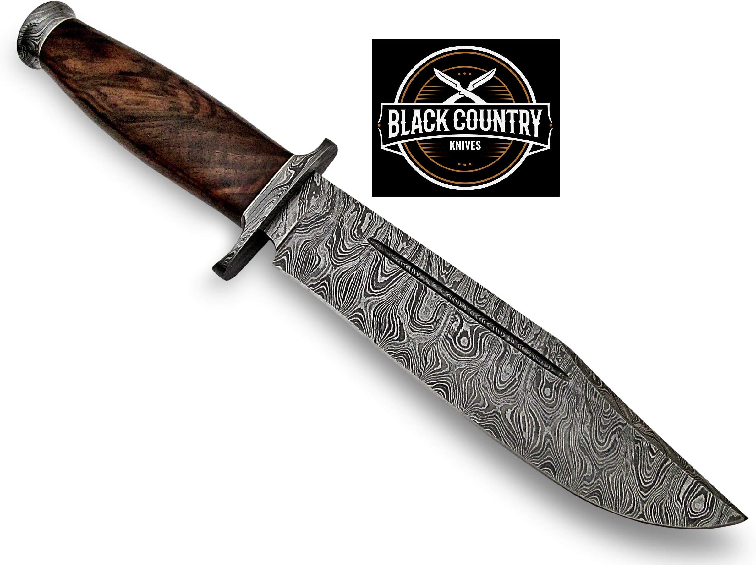 Black Country Handmade Damascus Hunting Knife-Walnut Wood Handle-13" Fixed Blade knife with Leather Sheath-Master Quality EDC Survival Knife-Camping Knife Ideal Gift for Men and Women