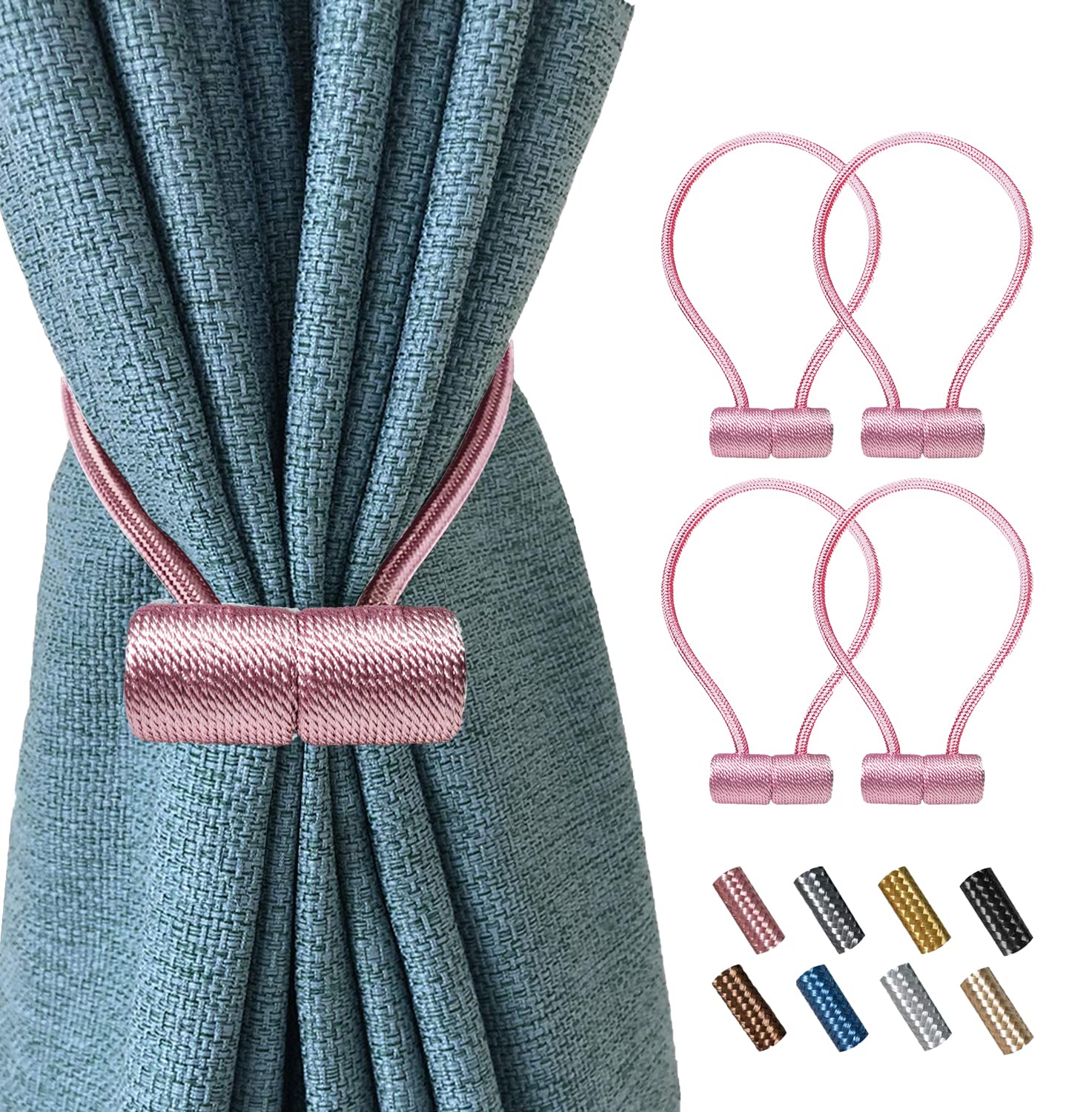 ElctmanMagnetic Curtain Tiebacks Clips - Window Curtain Holdbacks for Home Office Decorative Rope Tie Backs, Curtain Tiebacks for Drapes, No Tools Required - 2 Pair -2Pink