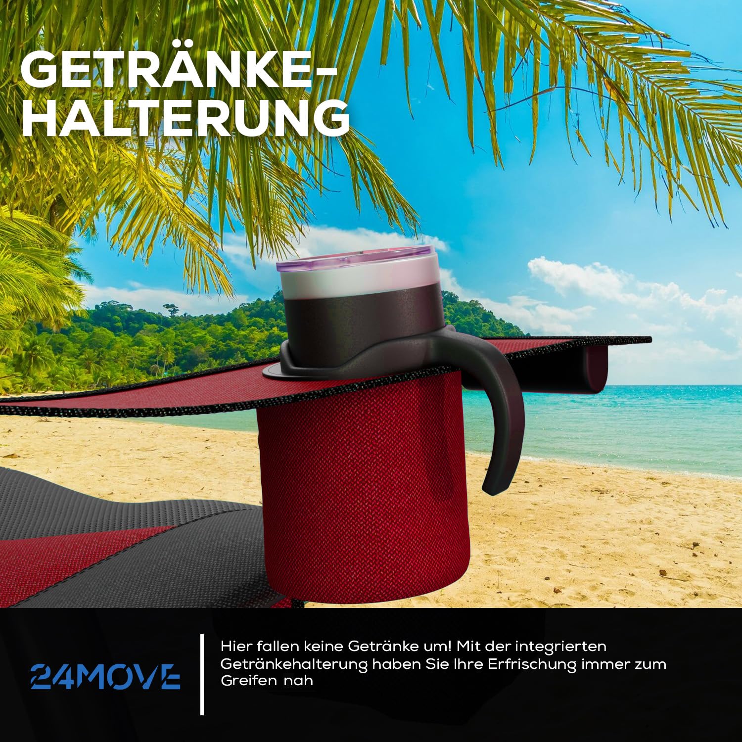 24MOVE® Campingstuhl faltbar bis 150 kg, Faltstuhl Angelstuhl Klappstuhl Gepolstert mit Armlehnen, Getränkehalter + Tasche mit hoher Rückenlehne, Strandstuhl, Klapphocker, rot