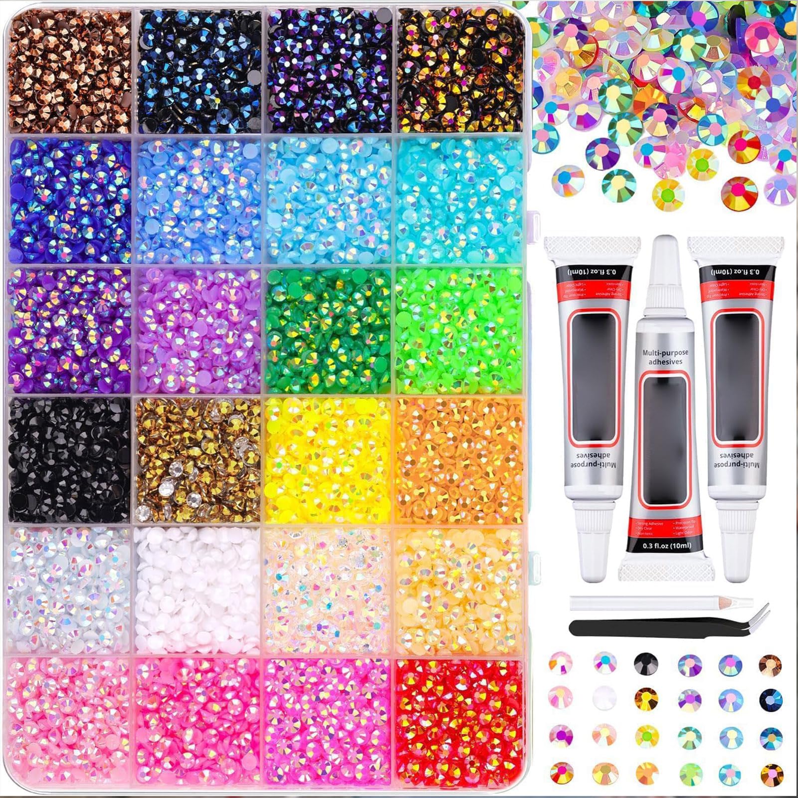 Kit di 32.000 strass in resina con colla di precisione, 40 colori da 3 mm con retro piatto per artigianato, set professionale per scarpe, abbigliamento e nail art (24 colori/24.000 pezzi)