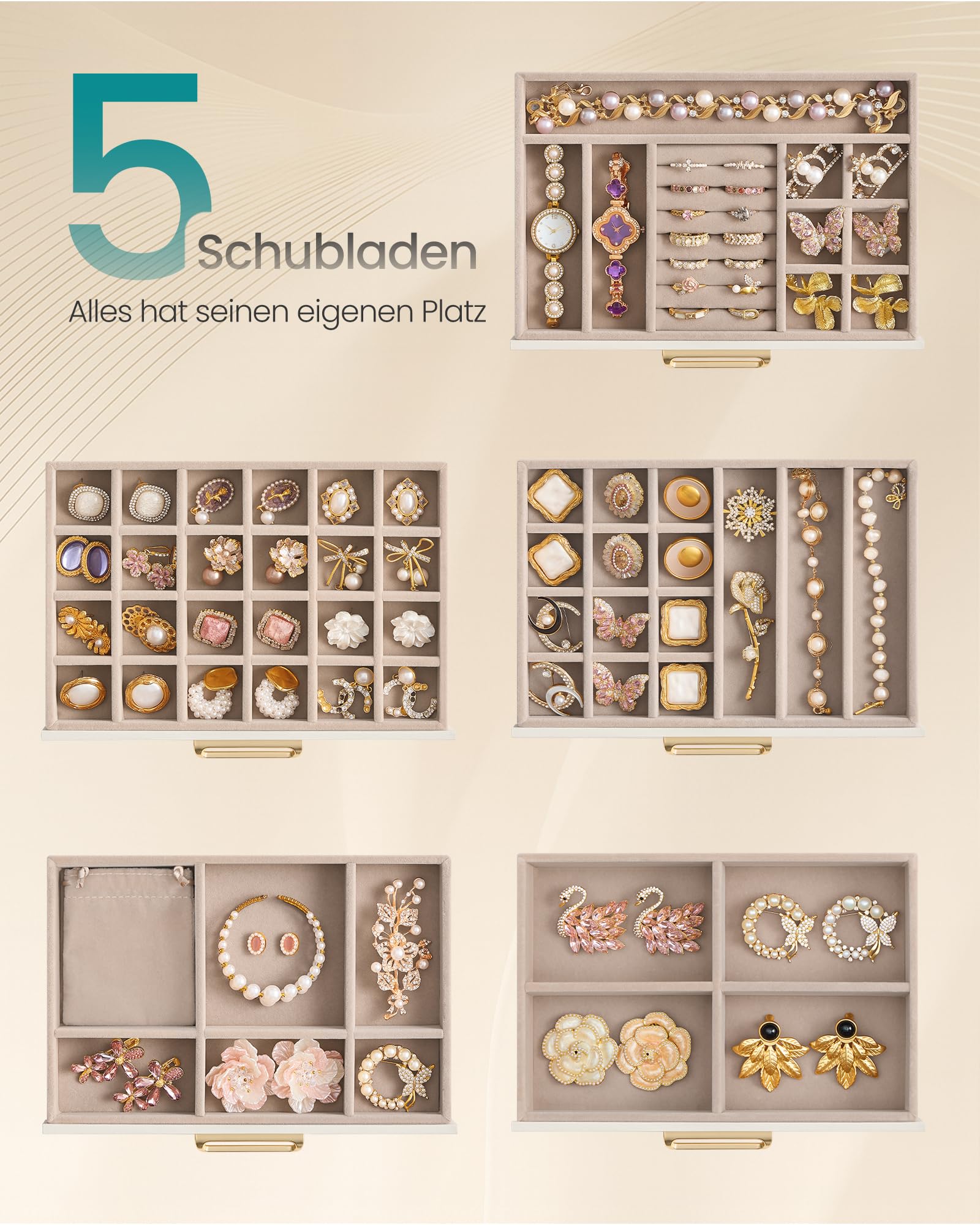 SONGMICS Schmuckkästchen, Schmuckkasten mit 5 Ebenen, Schmuckbox mit Glasdeckel, Schmuckaufbewahrung 5 Schubladen, geräumig, modern, Geschenkidee, 17,2 x 24 x 18,4 cm, cremeweiß JBC205WD01