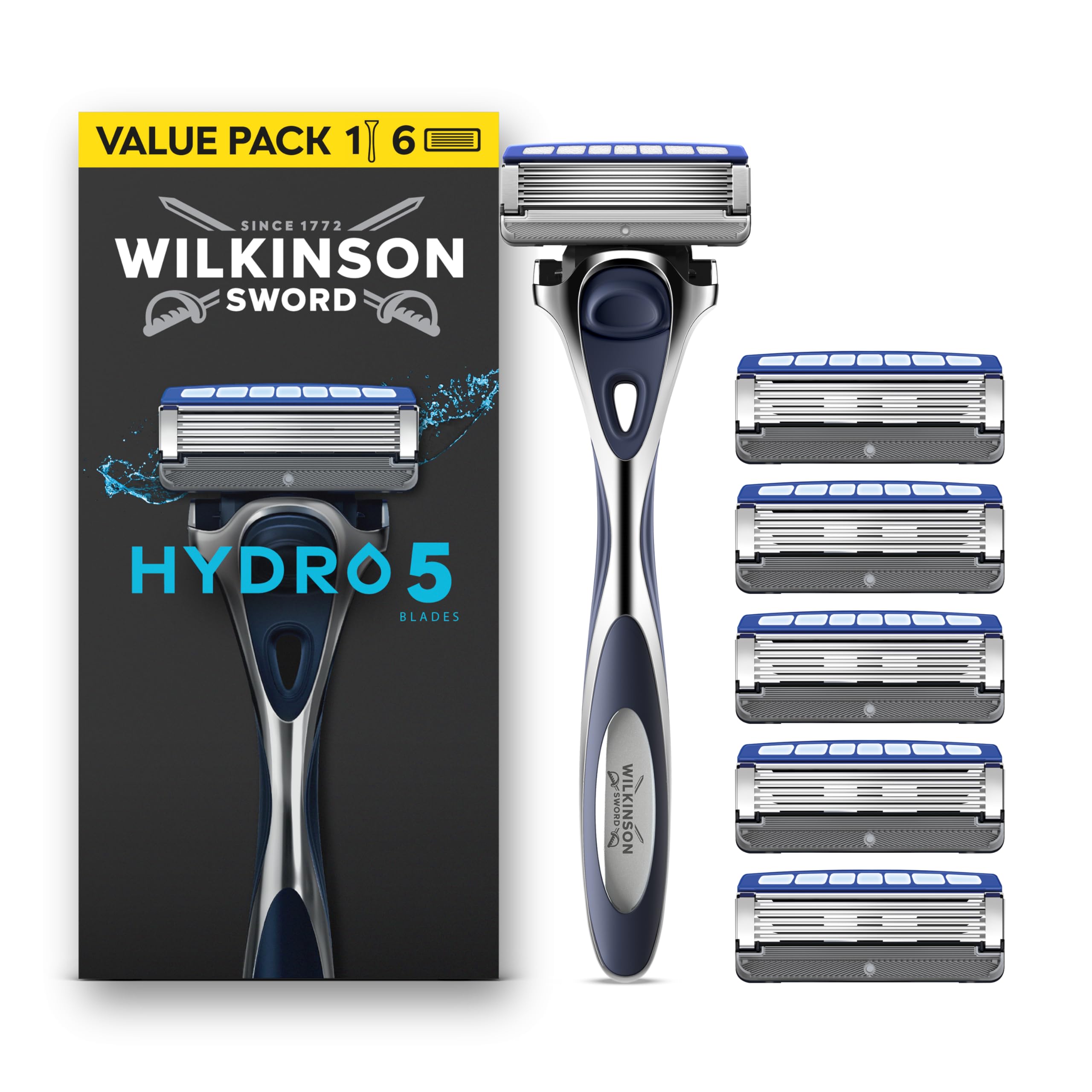 Wilkinson Sword Hydro 5, rasoio da uomo, formato convenienza, azione idratante e lame rivestite in carbonio, set manico + 6 ricariche
