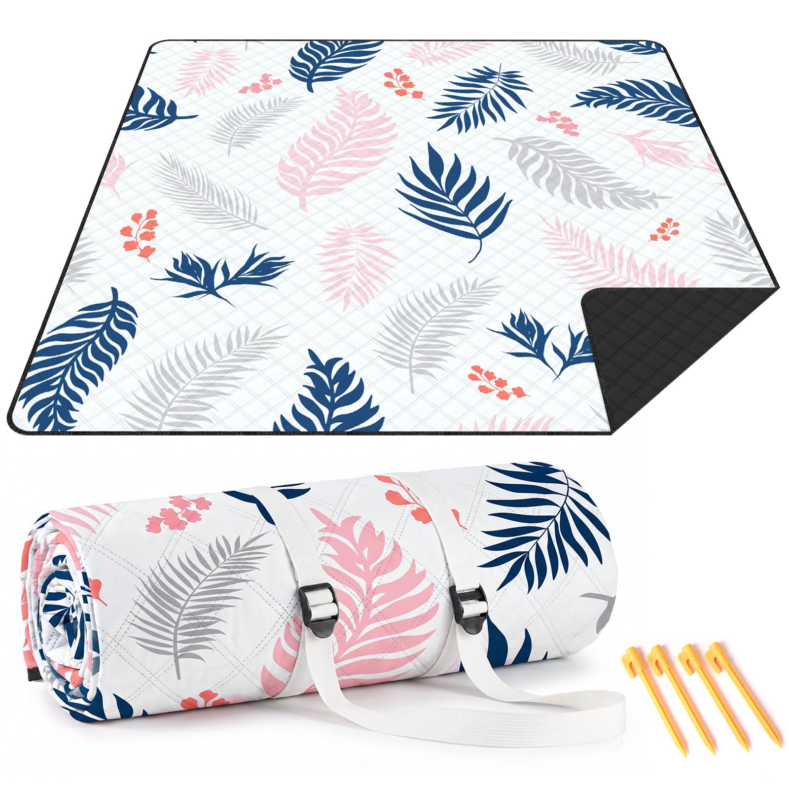 TXBOBECO Picnic Blanket Waterproof, 200 x 200 cm, Large Beach Blanket Picnic Mat with Carry Strap 4 Stakes, Foldable and Portable, For Camping, Beach, Outdoor,Garden,Family Picnic