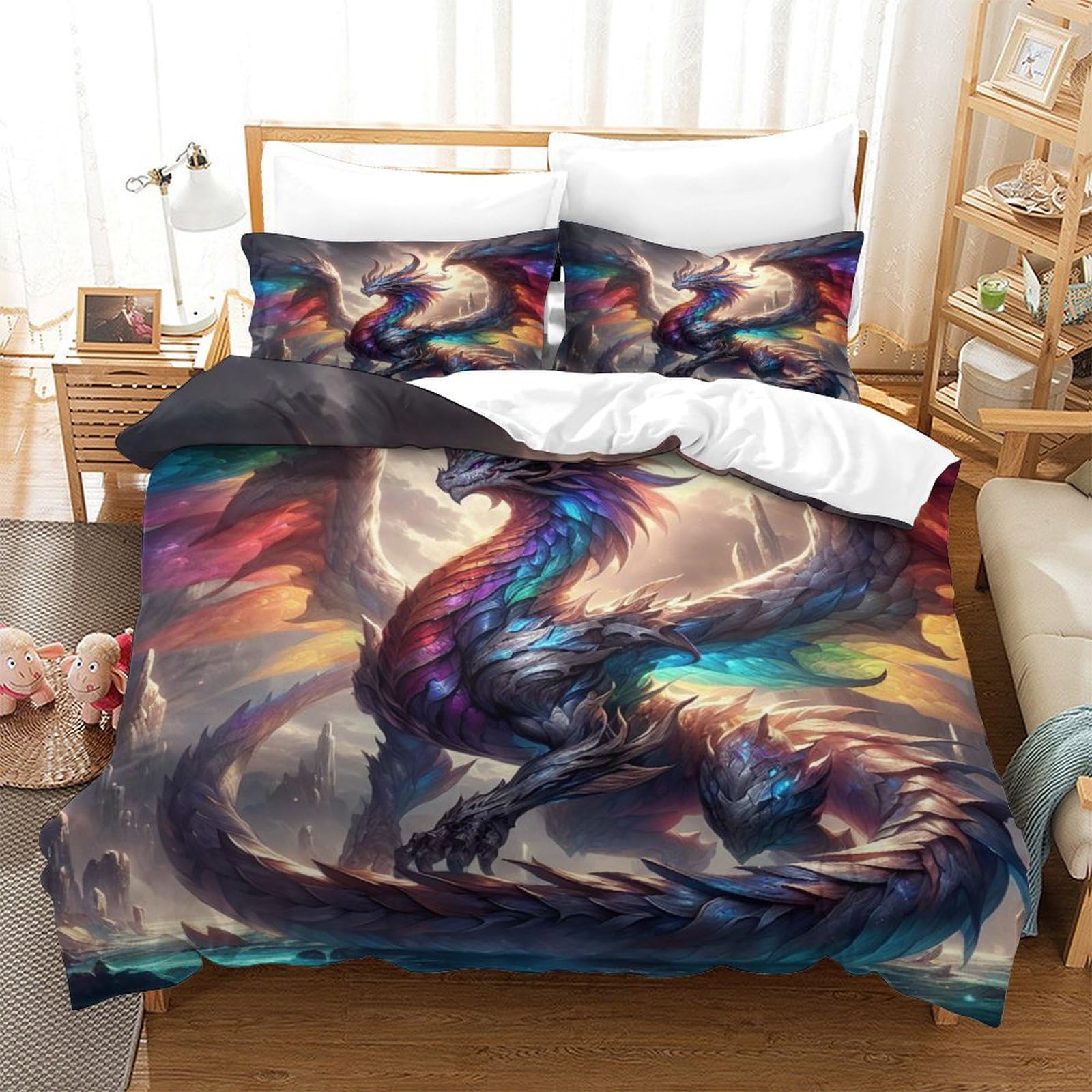 Tnfhsoft Flying Dragon-7 Flying Dragon Quilt Cover 3D Printed Cool Animals Duvet Cover Bedding Comforter Cover Set With Zipper Soft Microfiber For Kids Youth 3 Piece Set Winter Soft And Comfortable Room Decor
