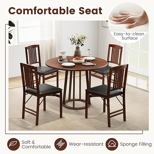 Miniatura 6 de KOTEK Juego de 4 sillas de comedor plegables, sillas de cocina de madera con asiento acolchado y respaldo de listones, sillas laterales plegables