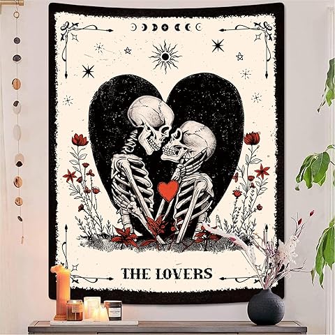 ARTCREATOR The Lovers Skull Tapestry Wall Hanging Black and White Skeleton Tapestries Vertical Witchy Gothic Wall Bedroom Decor for Living Room Bedroom (29