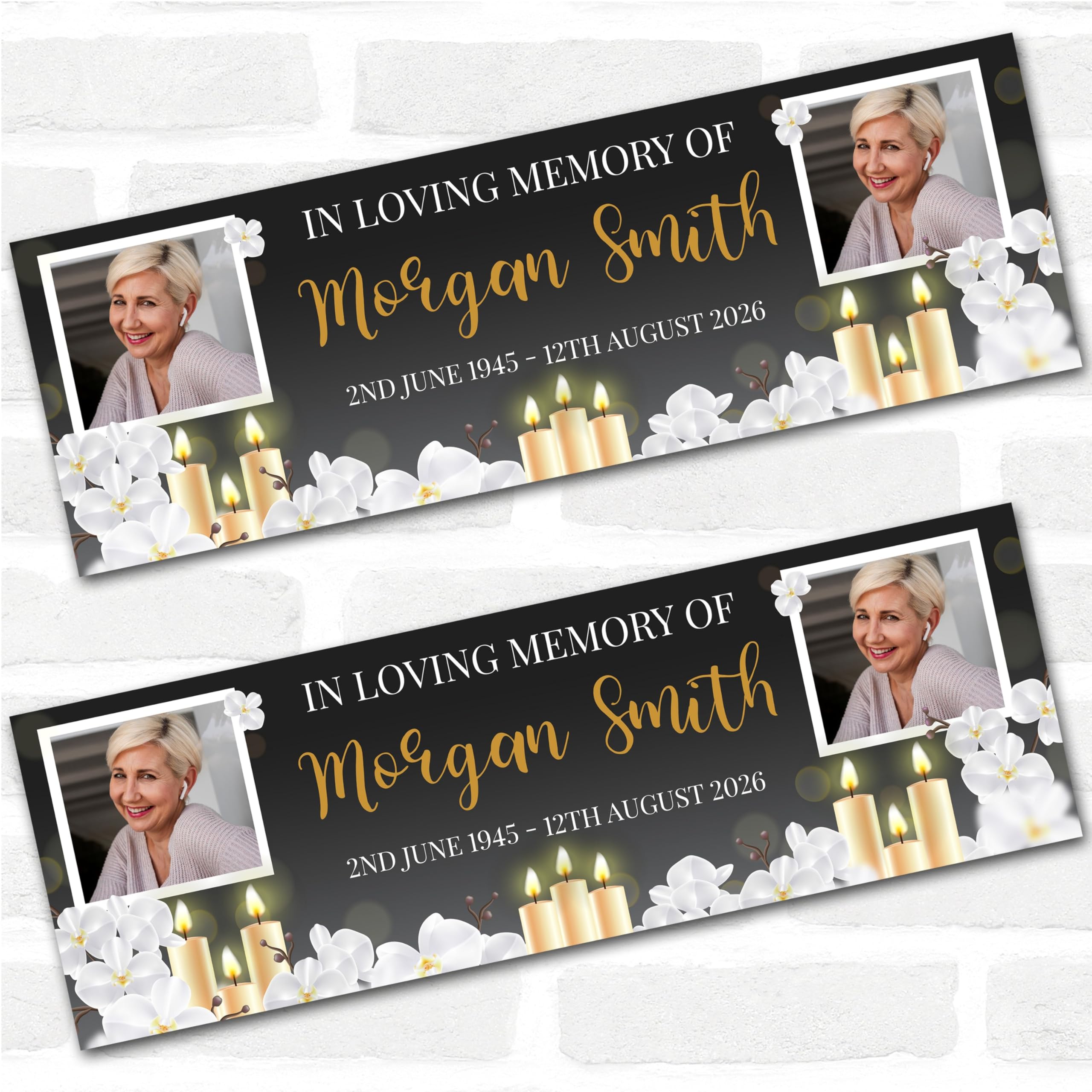 Personalised Party Banner For Funeral Loving Memory Wake Photo Candles White | Custom Large Party Decoration, Event Banner, Backdrop, Décor, Signage. 3 ft x 1 ft | 4.5 ft x 1.5 ft | 6 ft x 2 ft