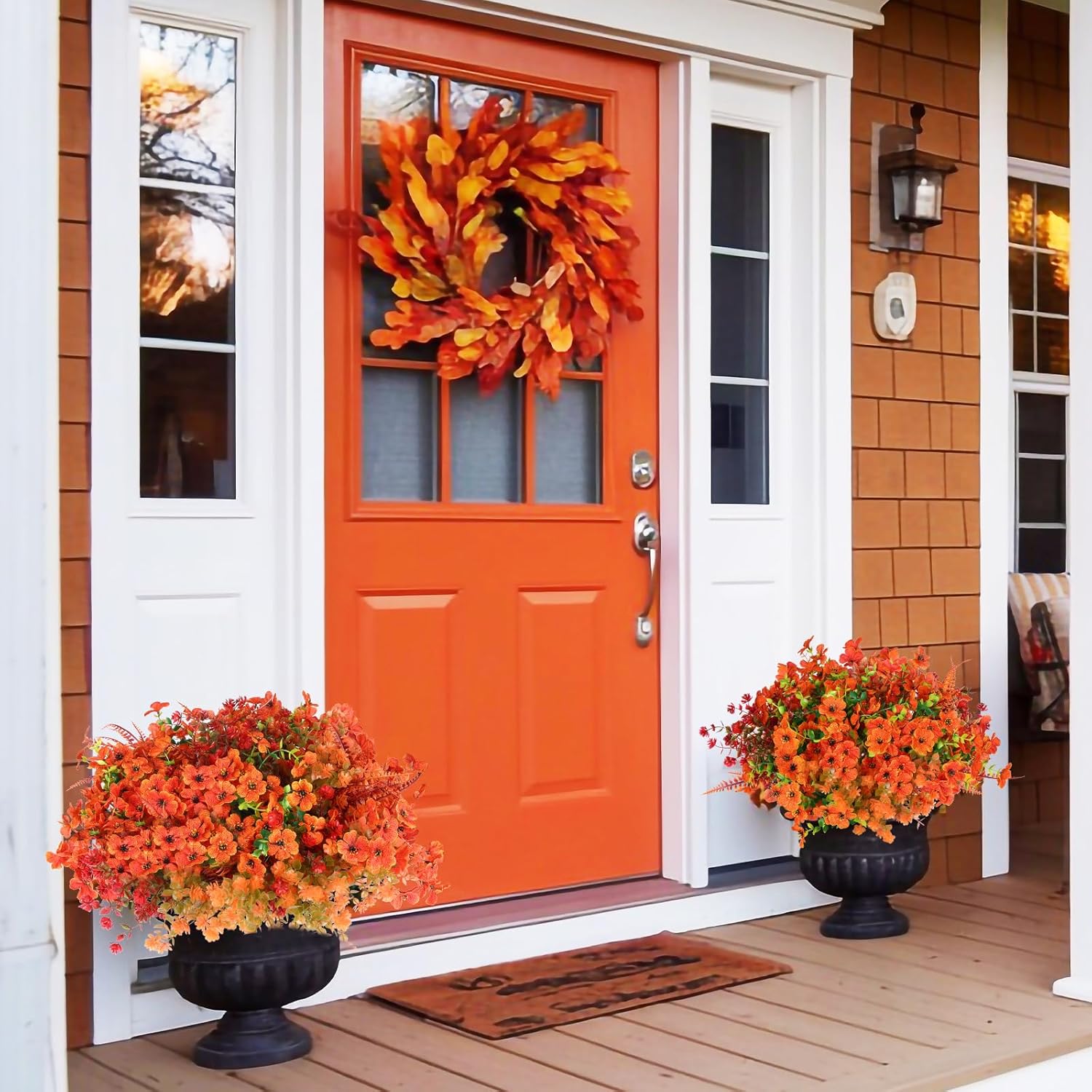 CEWOR 24 Bundles Orange Artificial Mums Flowers Fake Fall Plants for Outdoor Indoor, Fake Silk Daisy with Eucalyptus Leaves for Autumn Garden Front Door Porch Planter Patio Home Decor - Image 6