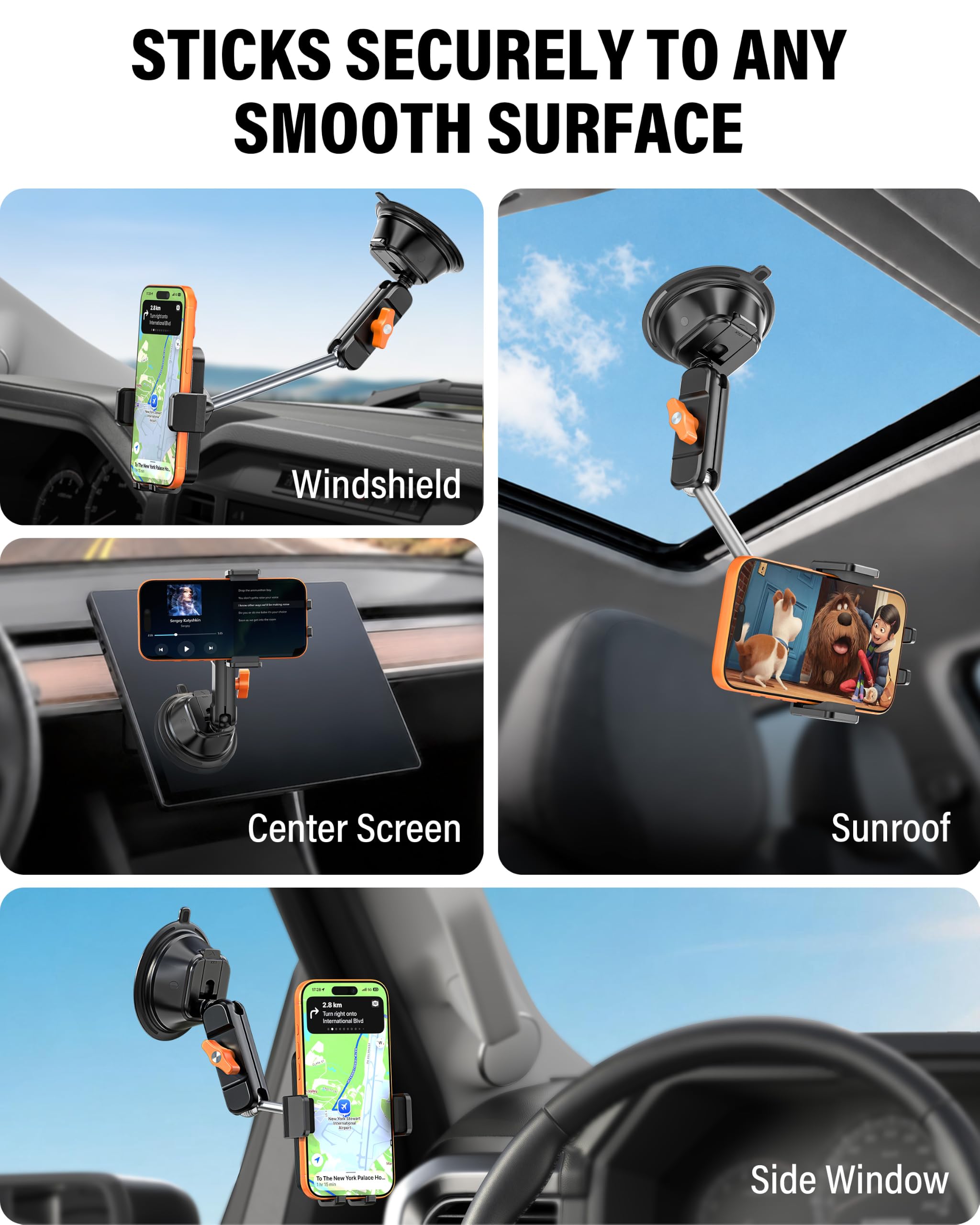 A2C Soporte de coche con doble ventosa de vacío resistente, soporte de teléfono para parabrisas con brazo de metal antivibración con liberación con una sola mano y rotación de 360° para iPhone y la