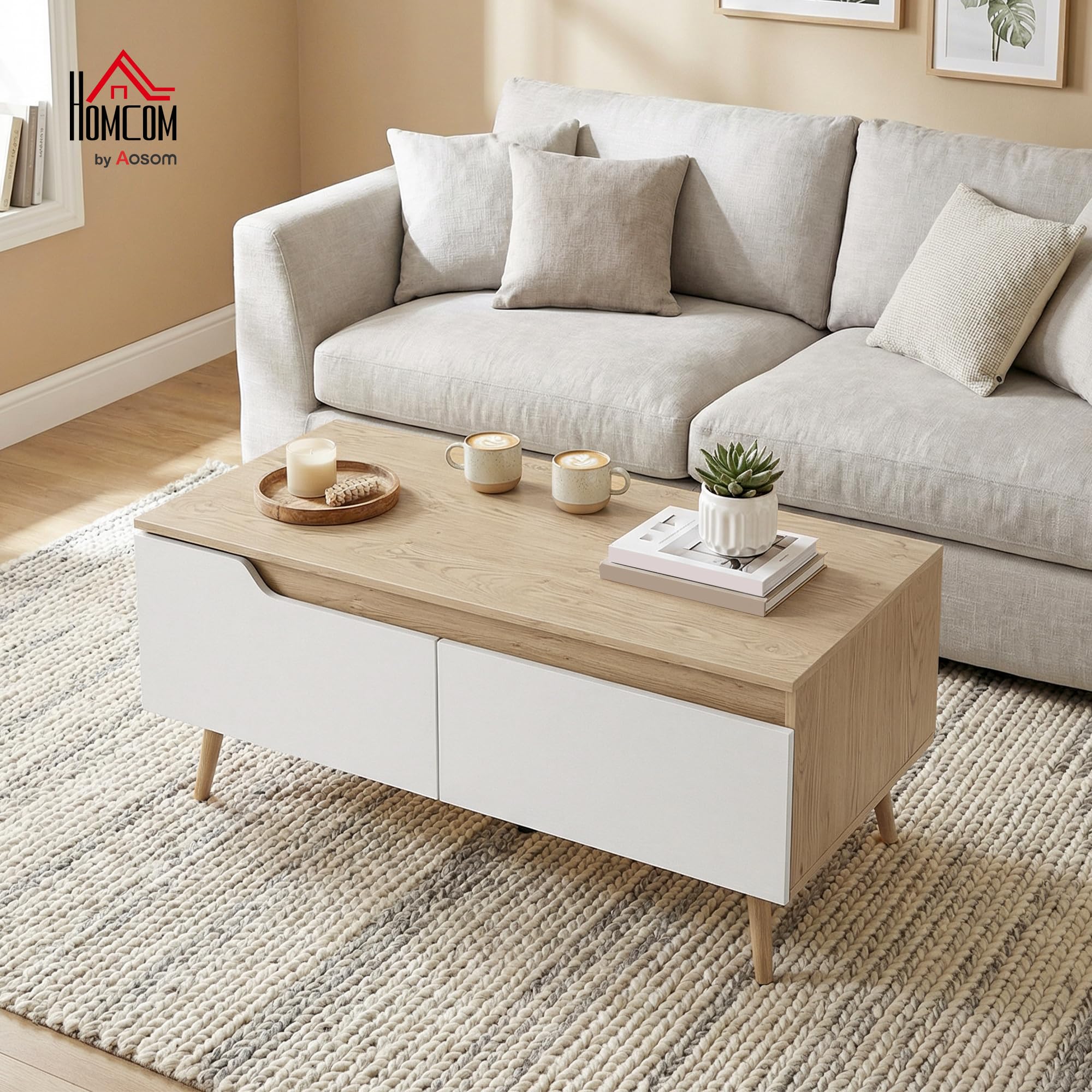 HOMCOM Mesa de Centro, Mesita Moderna con 2 Cajones 100x50x46cm Roble | Mesa Baja, Patas de Madera de Pino, para Sala de Estar, Dormitorio