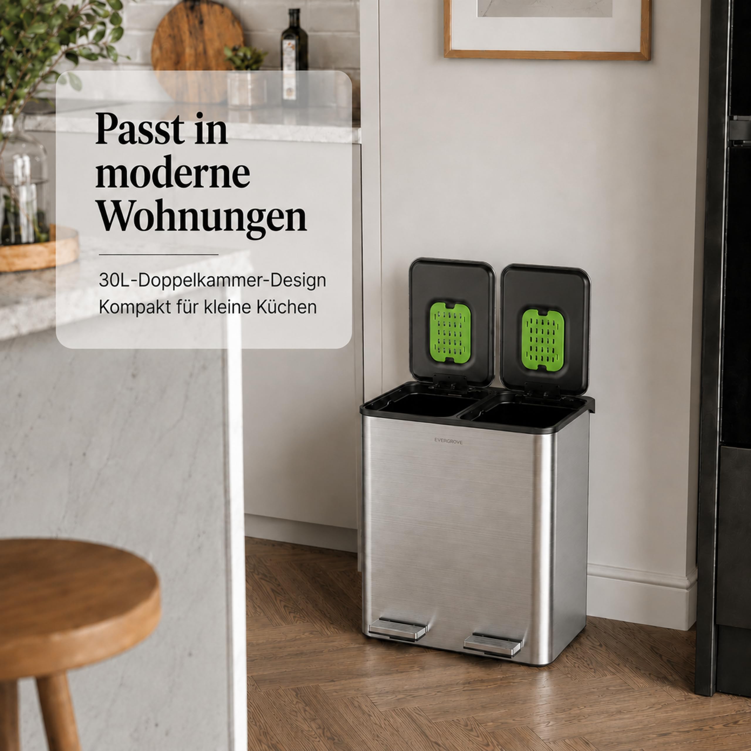 EverGrove 30-Liter-Mülltrennsystem, 2 x 15 L (Silber) | Gehäuse, Deckel und Pedale aus Edelstahl; zwei PP-Inneneimer, sanft schließende Deckel und ein eingesetzter Geruchsfilter.
