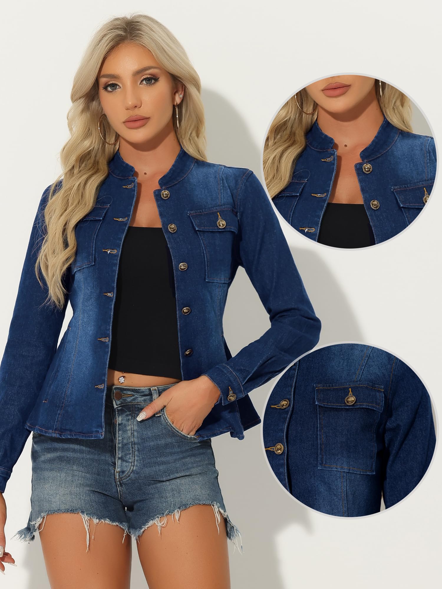 Allegra K Chaqueta de Mezclilla Casual para Mujer Chamaca Vaquera Clásico de Manga Larga