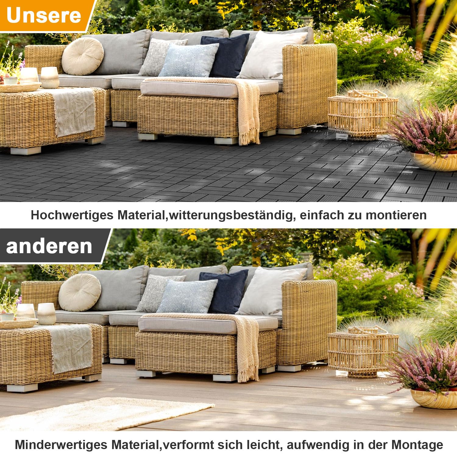 Piastrelle WPC 30 x 30 cm, 22 pezzi, 2 m², resistenti alle | Piastrelle per terrazze in WPC con sistema a clic, piastrelle in plastica con drenaggio, per balcone, giardino
