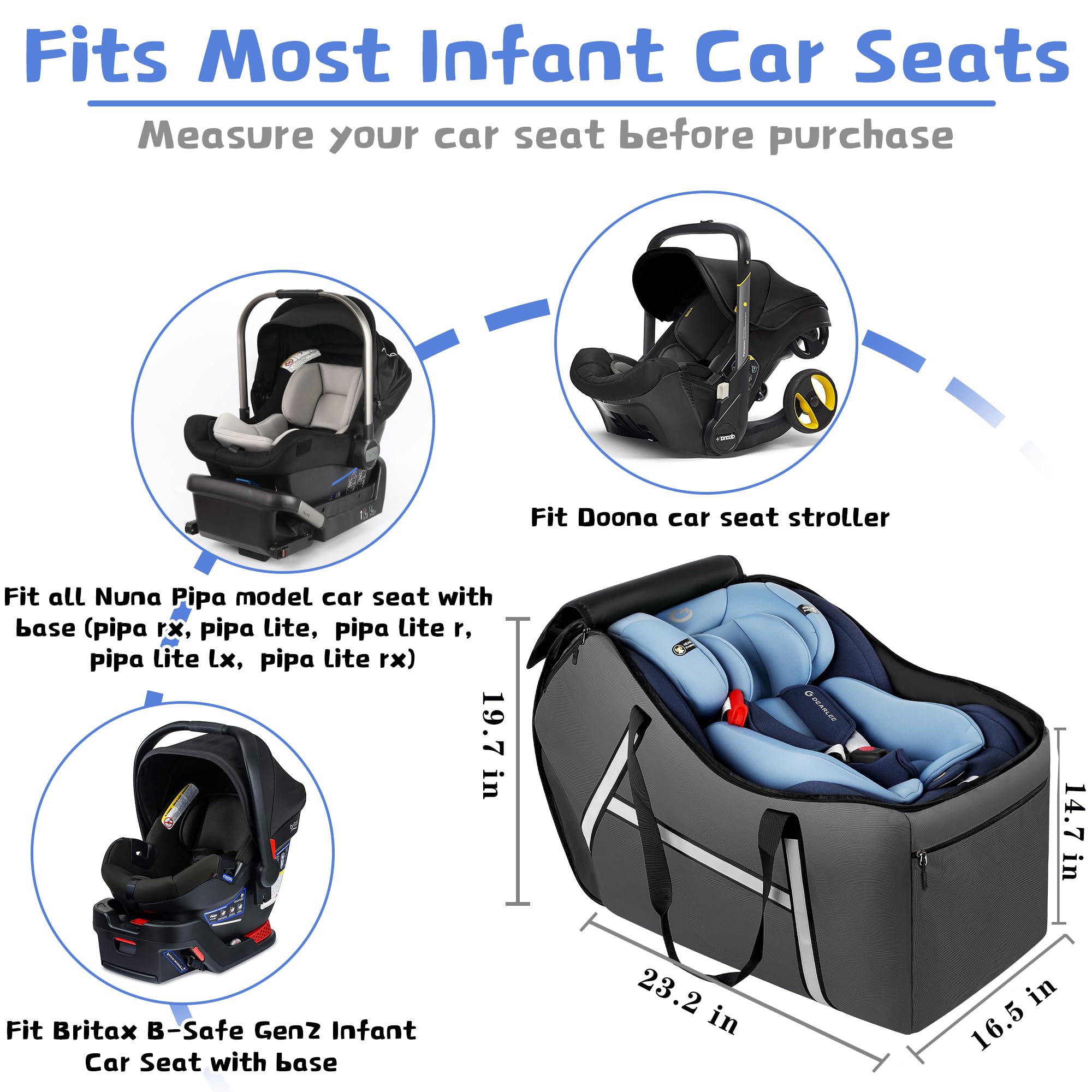 Sac de voyage pour siège auto pour bébé compatible avec tous les sièges et bases Nuna Pipa, Chicco KeyFit 30 et Base, sacs de siège de voiture rembourrés pour voyage en avion, sac à vérification de