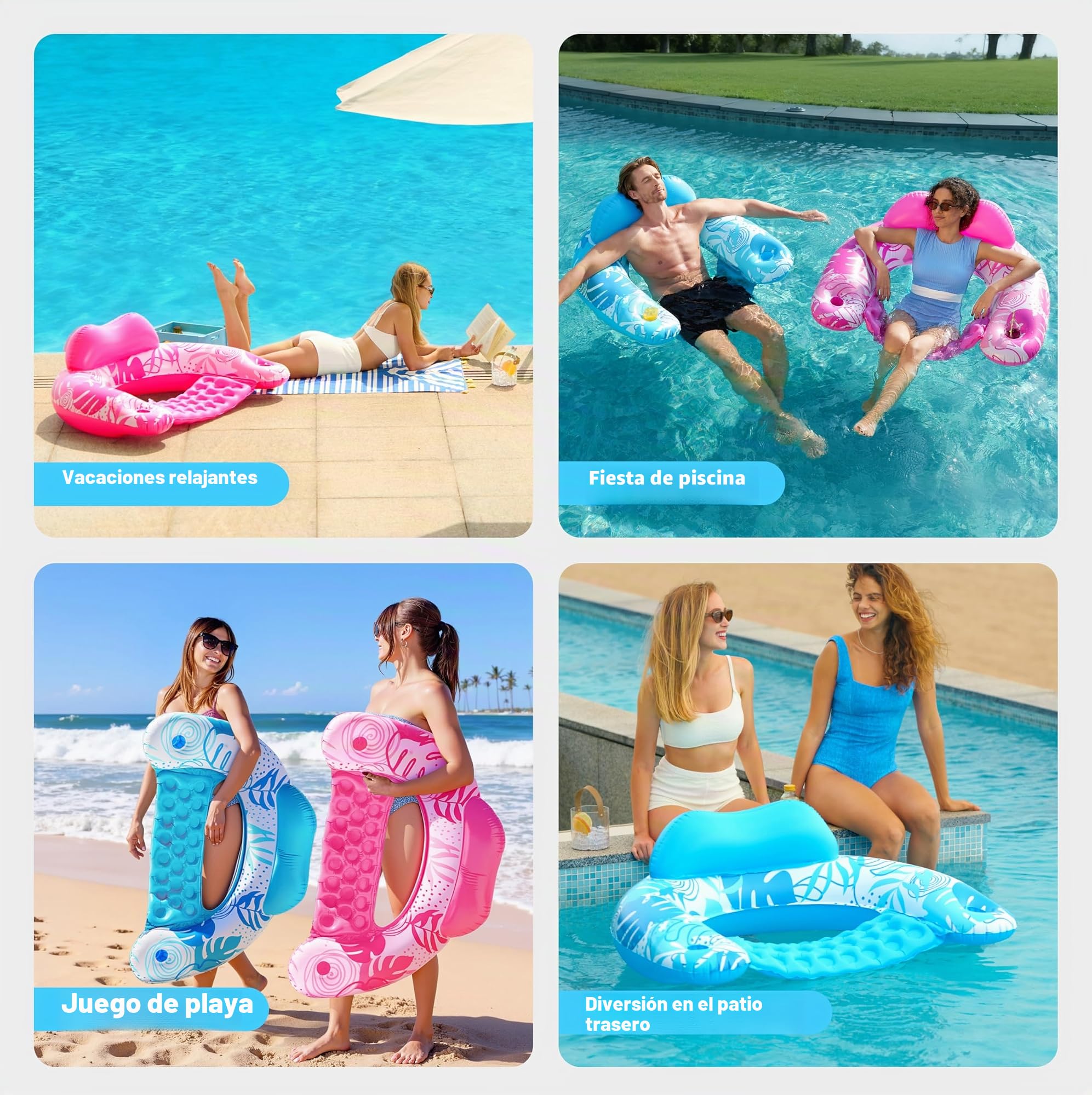 SLOOSH Flotadores Inflables para Adultos, 2 Paquetes de Sillas de Piscina con Portavasos, Silla Flotante Inflable, Hamaca con Diseño de Hojas para Fiesta de Natación de Verano en la Playa, Azul, Verde