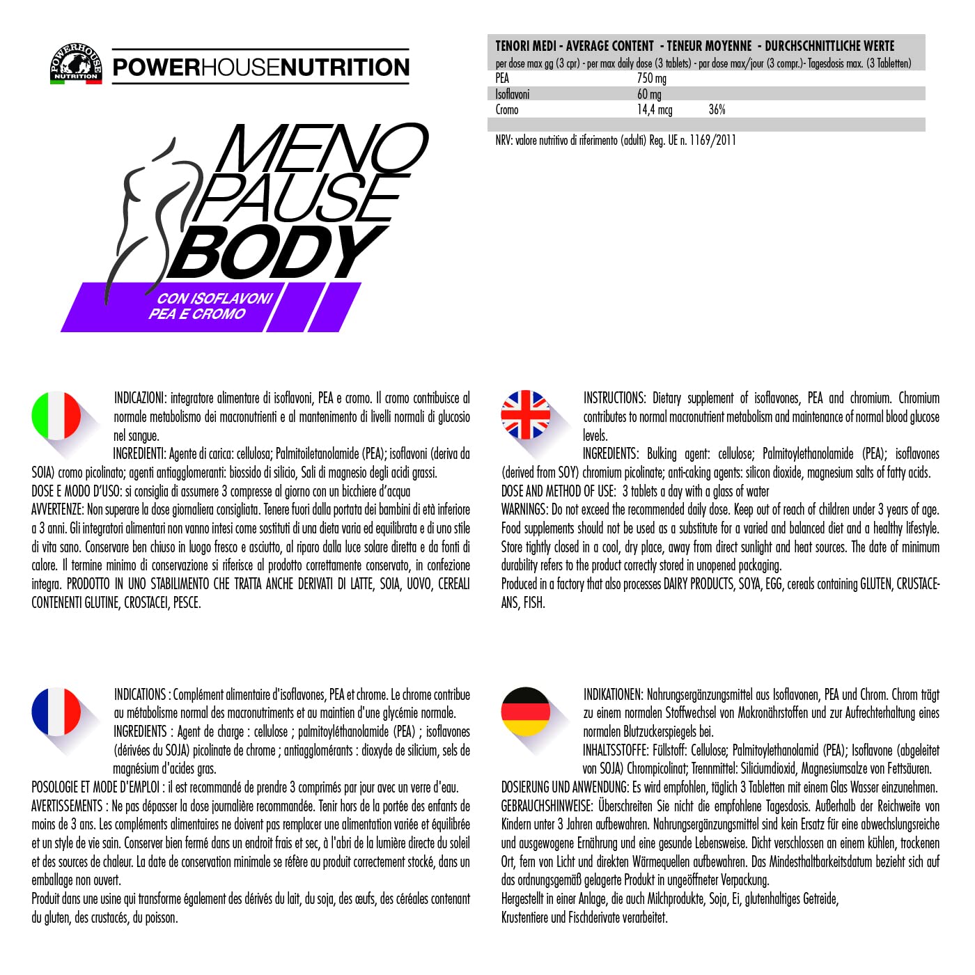 Integratore Menopausa e Pre-Menopausa Donna MENOPAUSE BODY – Isoflavoni di Soia, PEA e Cromo – 60 Compresse – Made in Italy – Powerhouse Nutrition