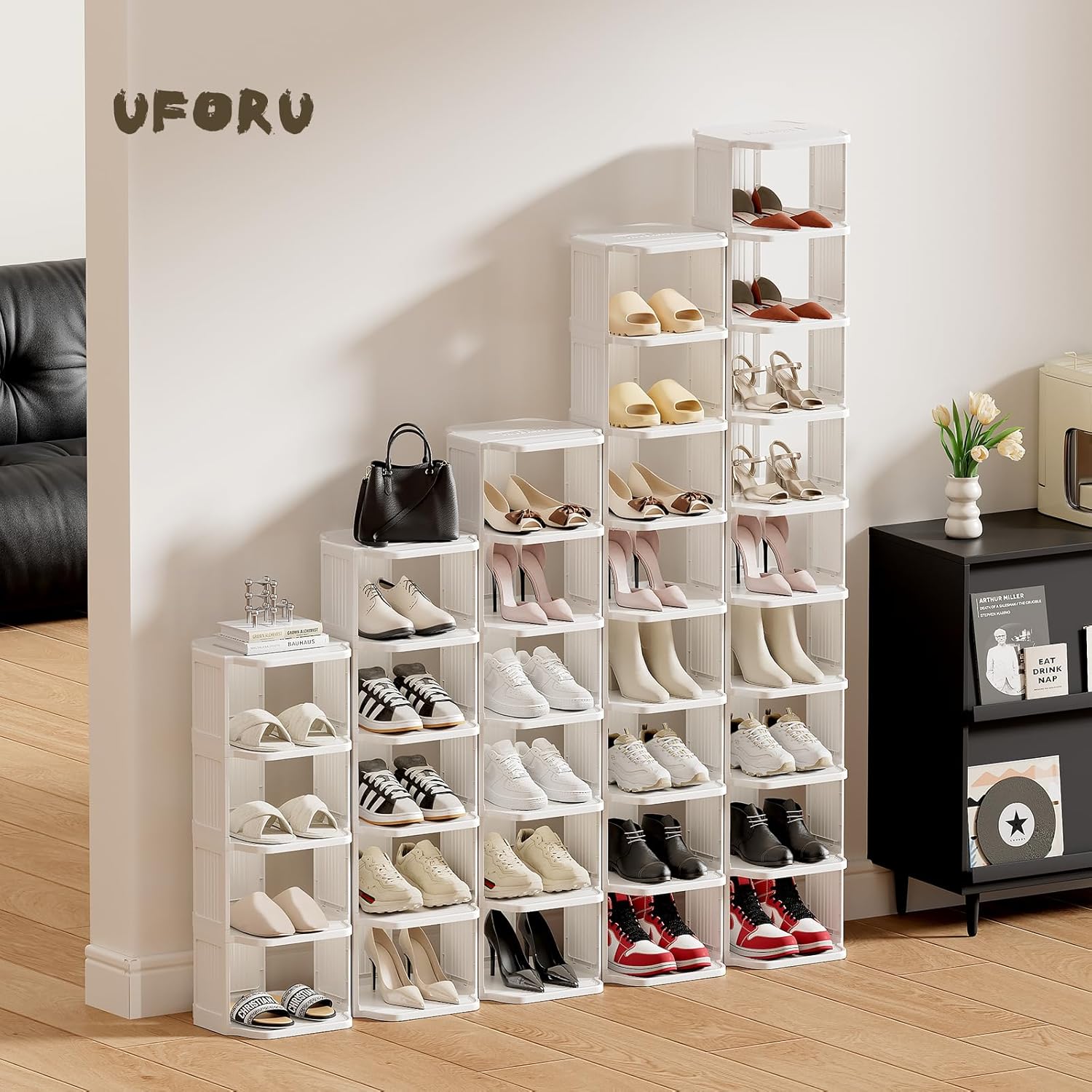 Small Shoe Rack, 5 Tier Plastic Vertical Shoe Rack for Small and Narrow Spaces, Free Standing Shoe Organizer for Closet, Entryway