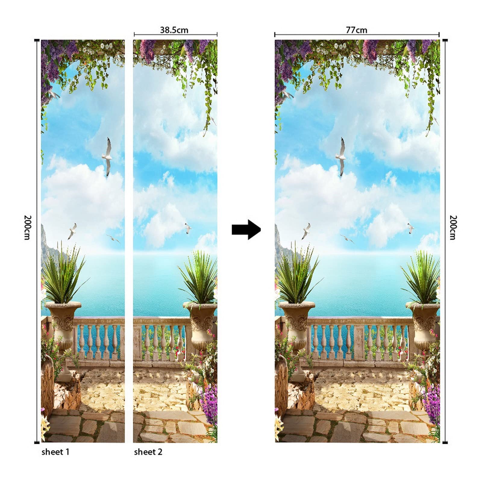 Adesivo Murale 3D Vista Mare Per Porte 77x200 Cm - Pellicola PVC Autoadesiva, Decorazione Parete