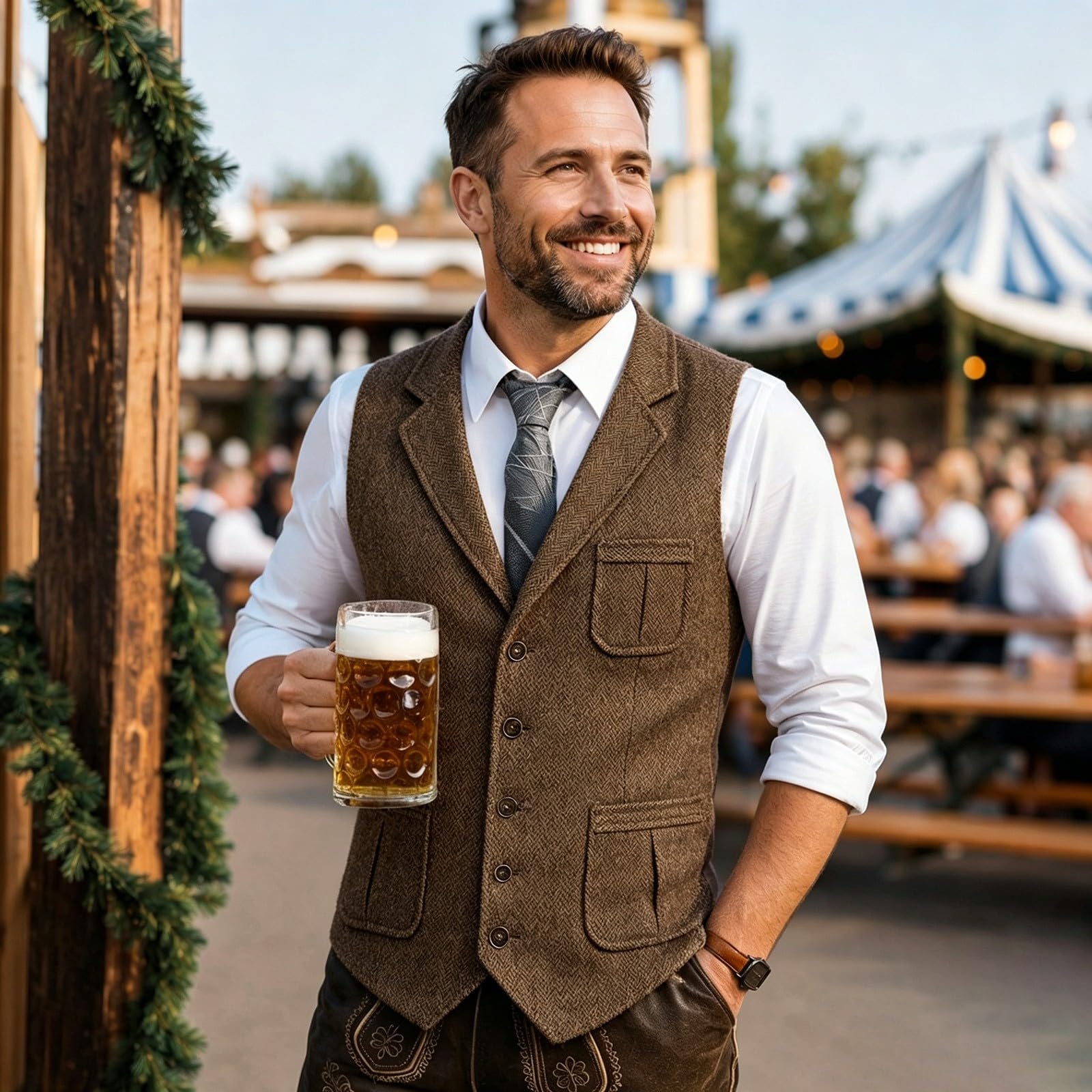 Gilet in tweed da uomo, stile tradizionale, vintage, autunno, classico, con scollo a V, senza maniche, trapuntato, tinta unita, slim fit