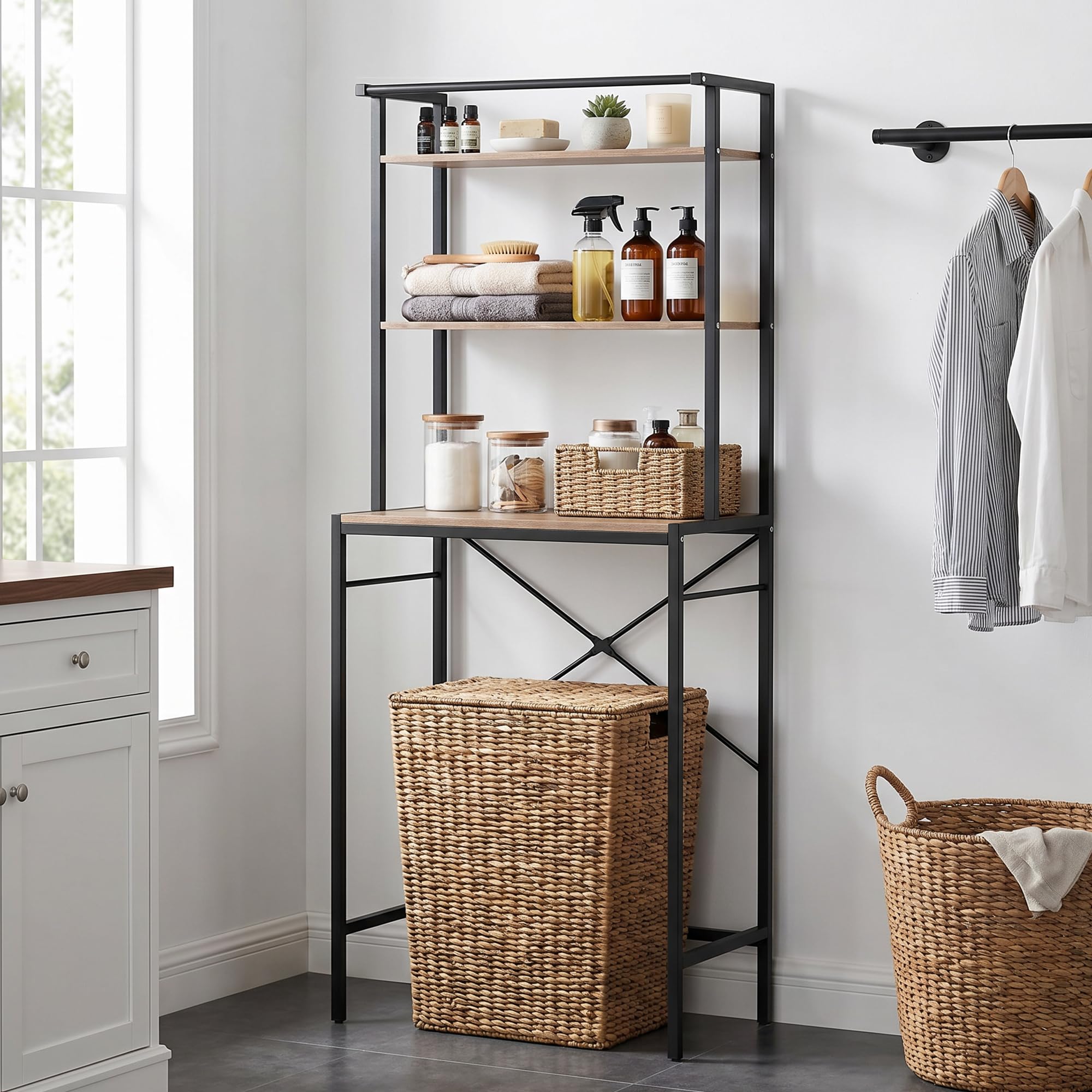 HOMCOM Mobile Sopra Lavatrice Coprilavatrice 67x40x161.8cm Marrone/Nero | Ripiani, Barra Appendiabiti, Scaffale Coprilavatrice Asciugatrice, Bagno e Lavanderia
