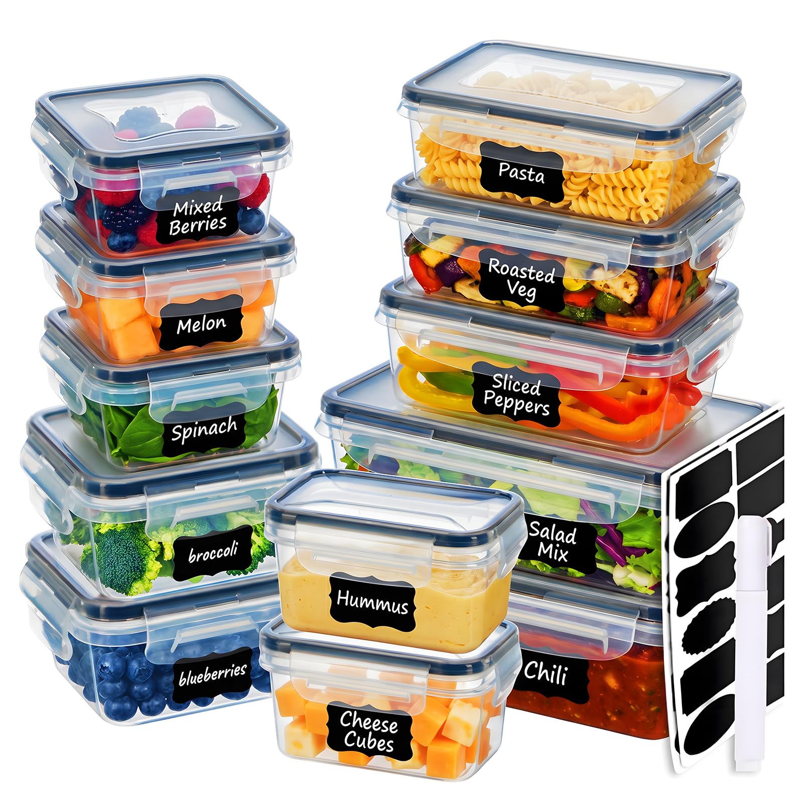 Asnews 24 PCS (12 containers & 12 Lids) Food Storage Containers with Lids, Reusable Plastic Food Containers for Kitchen Storage and Organization, Leakproof Meal Prep Container with Labels & Pen