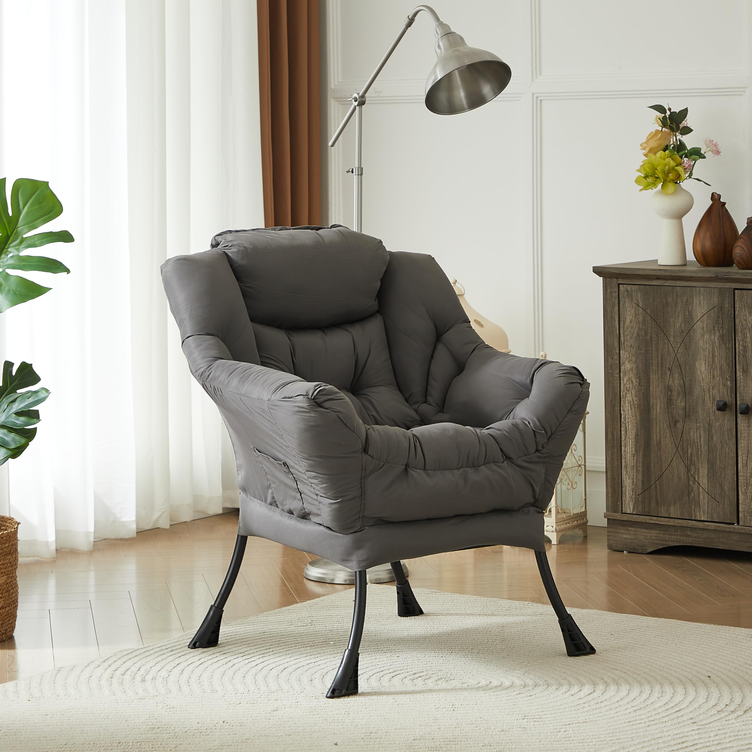 Silla perezosa grande de tela para sala de estar, silla de lectura, acogedora silla de descanso con reposabrazos, sofá de ocio, color gris oscuro 2
