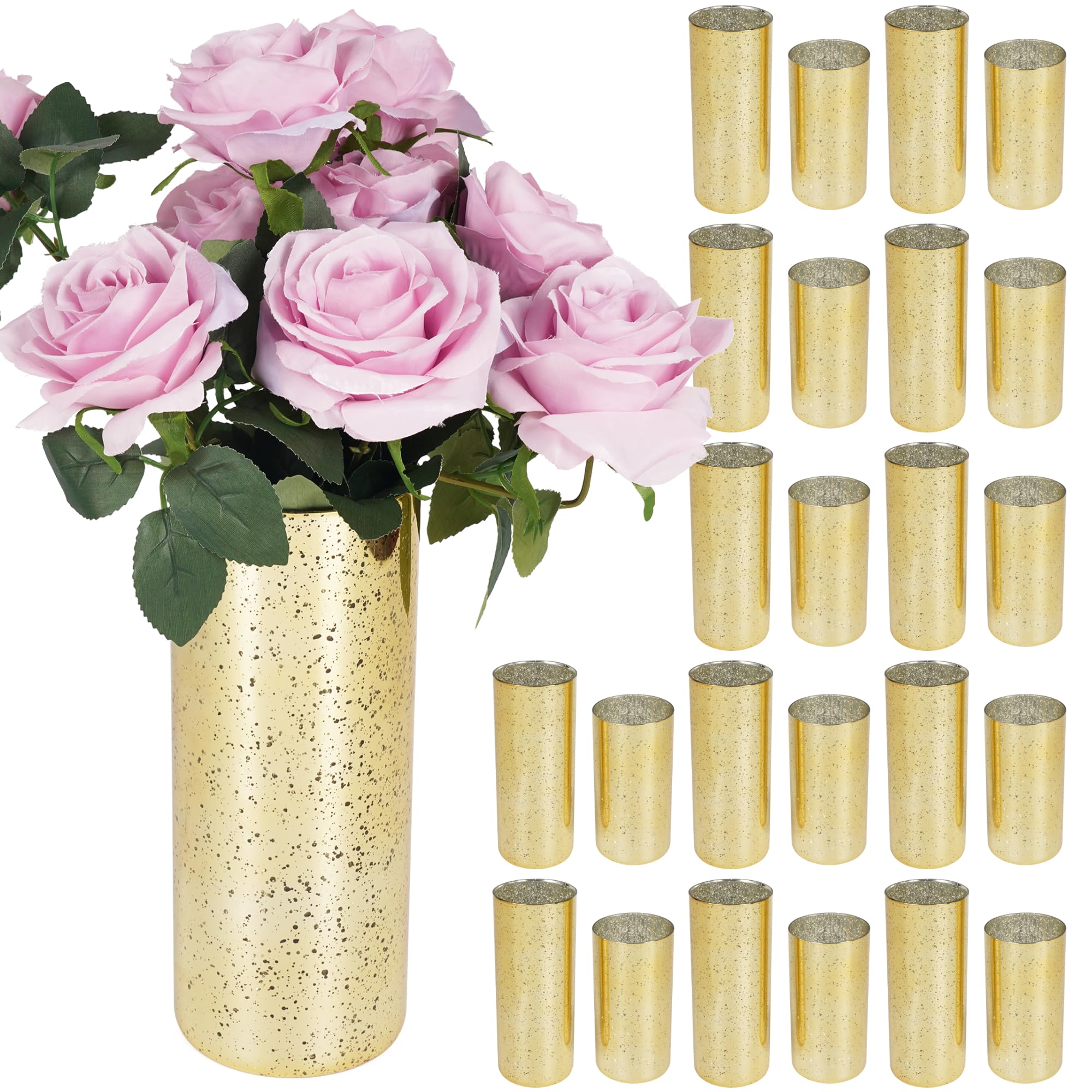 B'More Brand's 10" & 7.8" Sparkling Gold Glass Cylinder Vase Set of 24, for Home Decor, Wedding, Party, Centerpieces, Floating Candle (Gold)