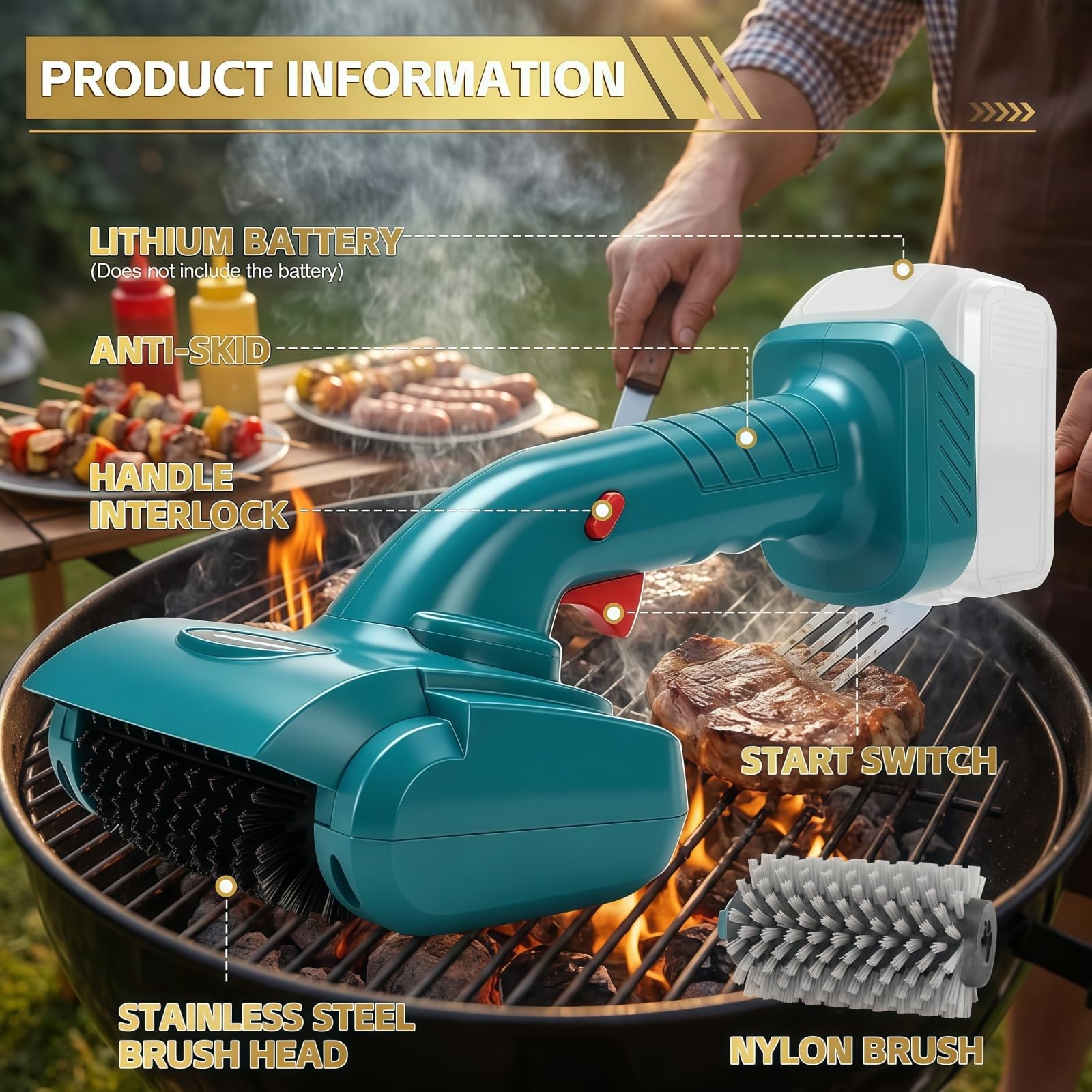 Elektrische Grillbürste Kompatibel mit Makita 18V Akku, Grillreinigungsbürste mit 360° drehbarem Edelstahl-Bürstenkopf & Nylon-Bürstenkopf, für Grillroste und Herdplatten (ohne Akku)