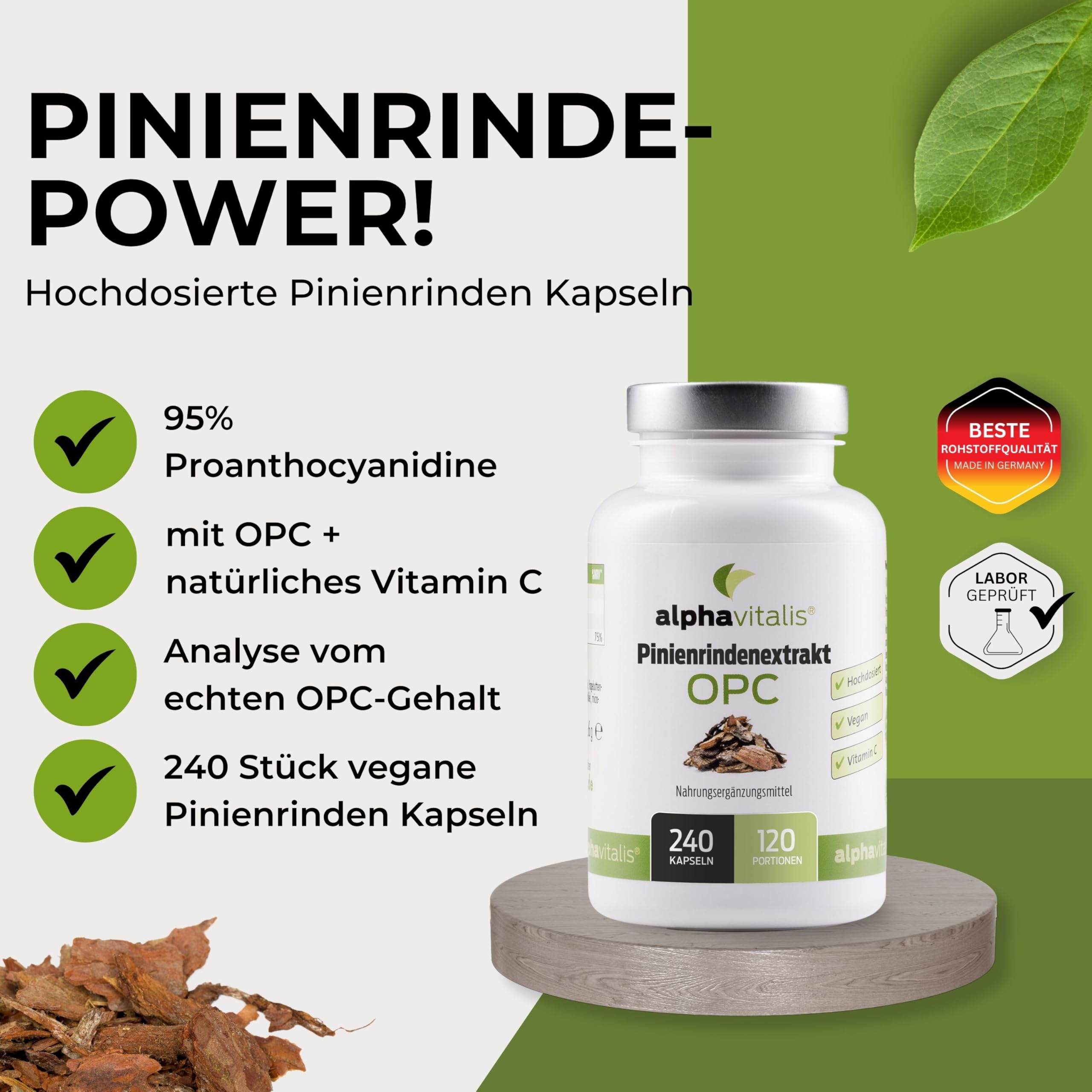 Pinienrindenextrakt Kapseln hochdosiert mit 32% OPC + natürliches Vitamin C - 240 Stk. - 500mg veganer Kiefernrindenextrakt - laborgeprüft aus Pinus pinaster