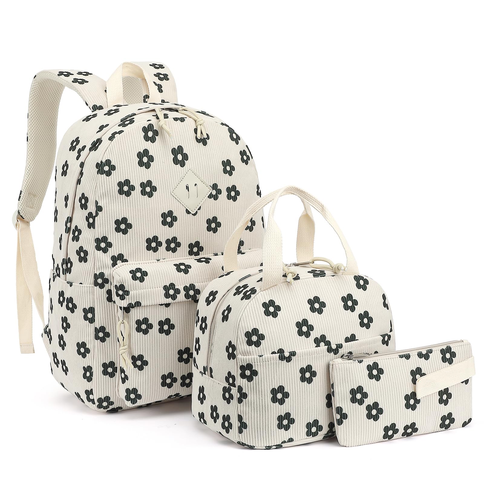 Dezcrab School Backpack for Girls - Girls Backpack with Lunch Box Pencil Case for Teen Kids Elementary Middle Bookbag (Corduroy Flowers)