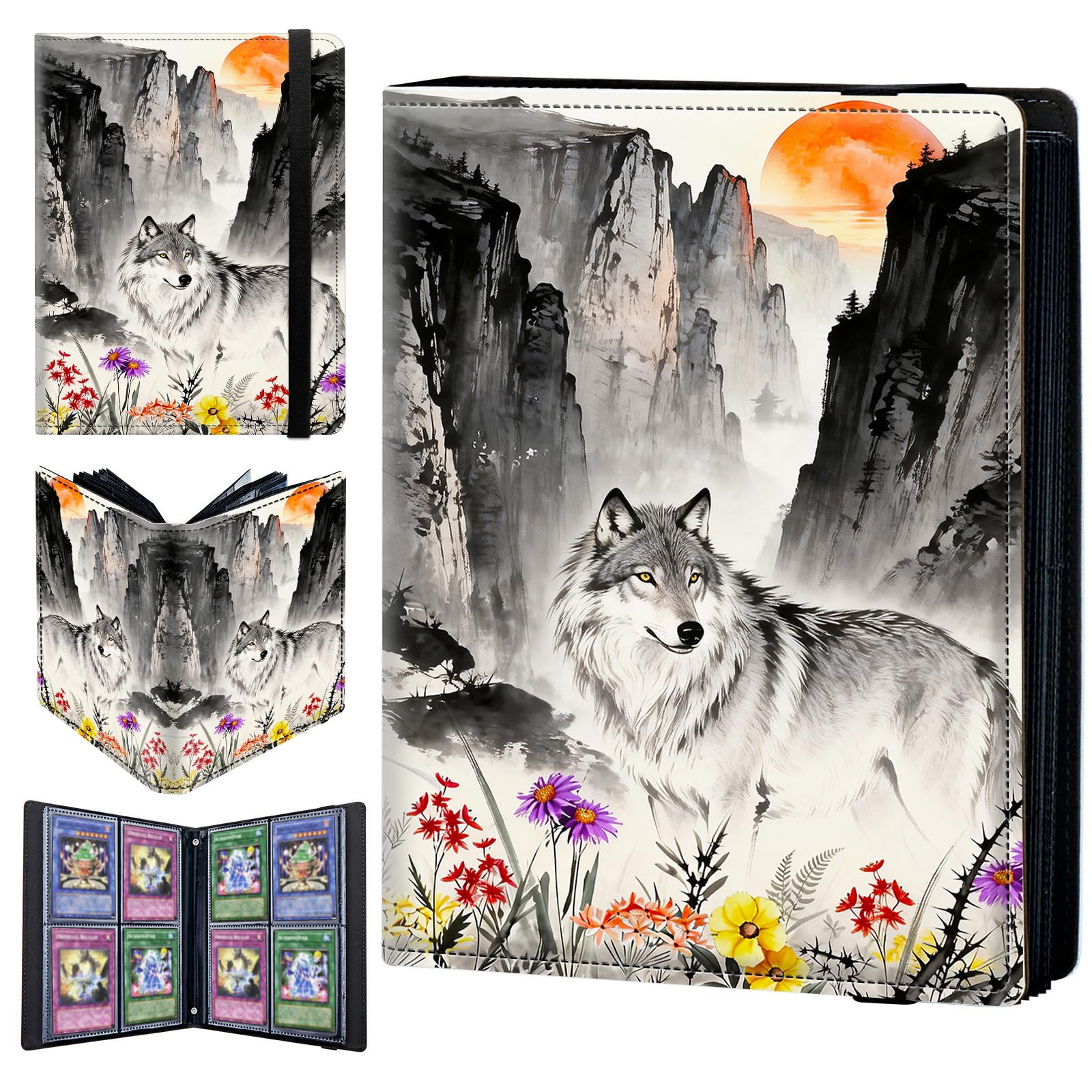 4 Pocket Trading Card Binder 160 Side Loading Pocket Album with Mountain Wolf Flower Pattern Design Card Binder for Sports Cards & Game Cards