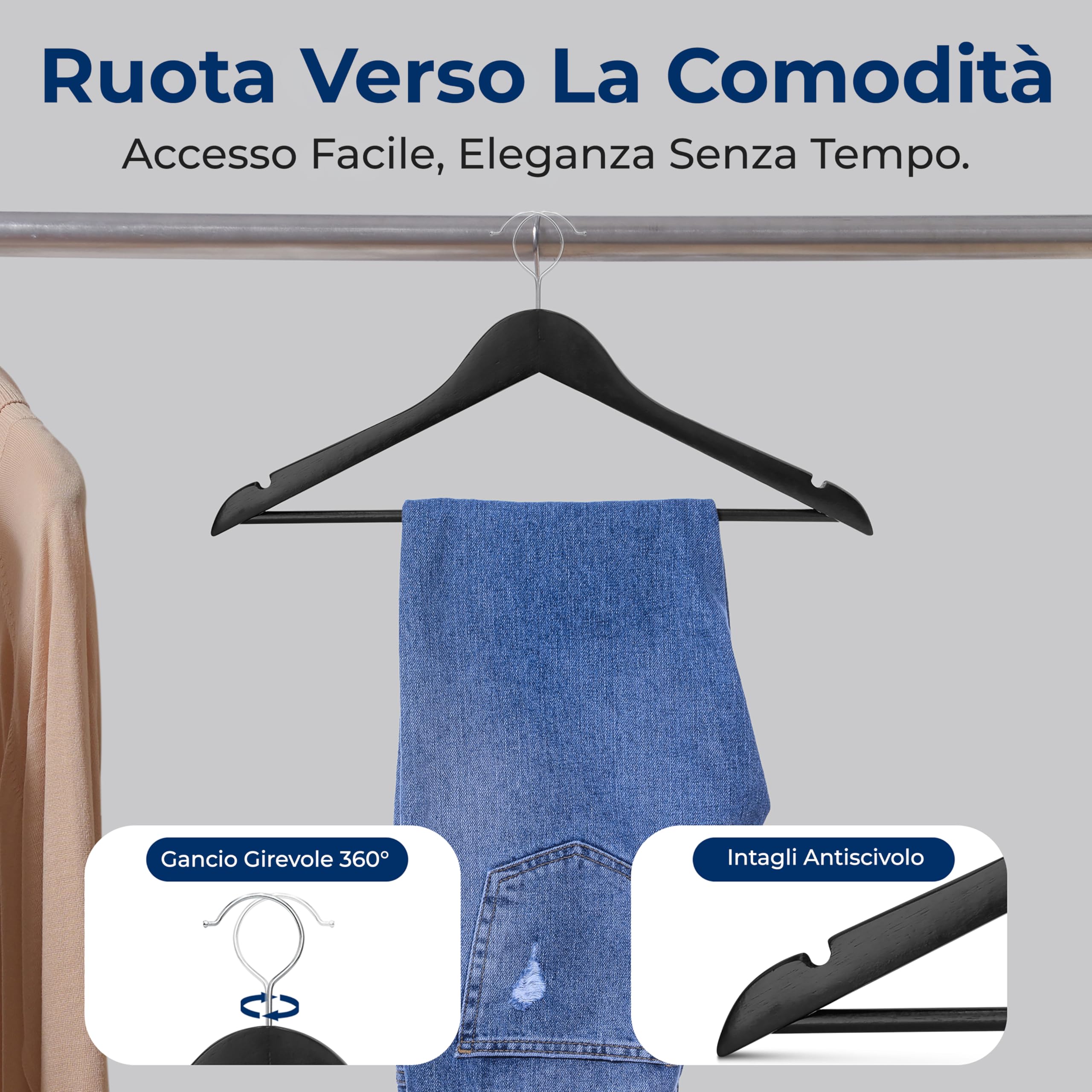 SereneLife Grucce Appendiabiti, 80 Stampelle Armadio in Legno, Appendiabiti Resistenti con Gancio Girevole a 360° e Tacche, Design Sottile per Felpe, Camicie, Giacche, Vestiti e Altro