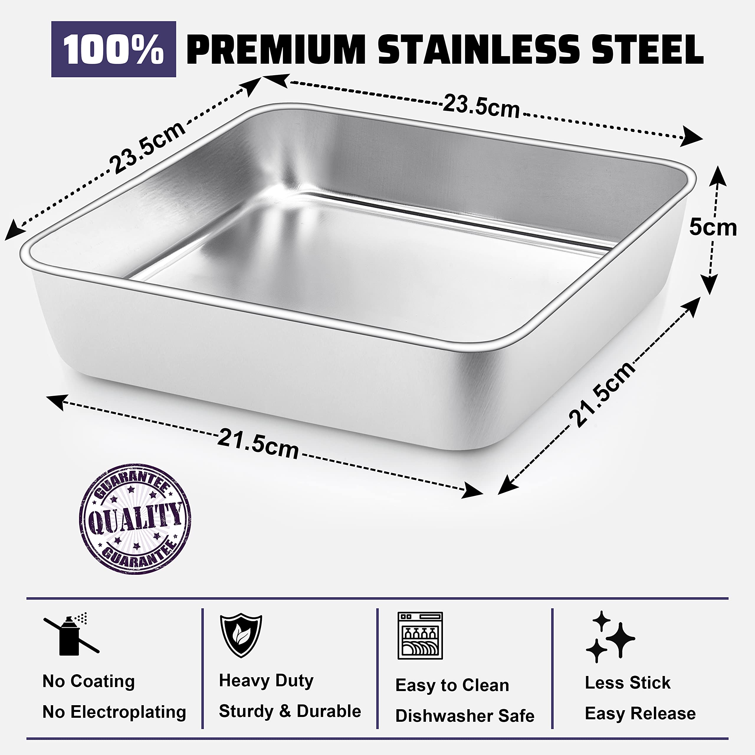 Joyfair - Teglia da forno rettangolare, in acciaio inox, 24 x 18 x 5 cm, per lasagne Brownie, lato profondo e superficie liscia, facile da pulire e lavabile in lavastoviglie