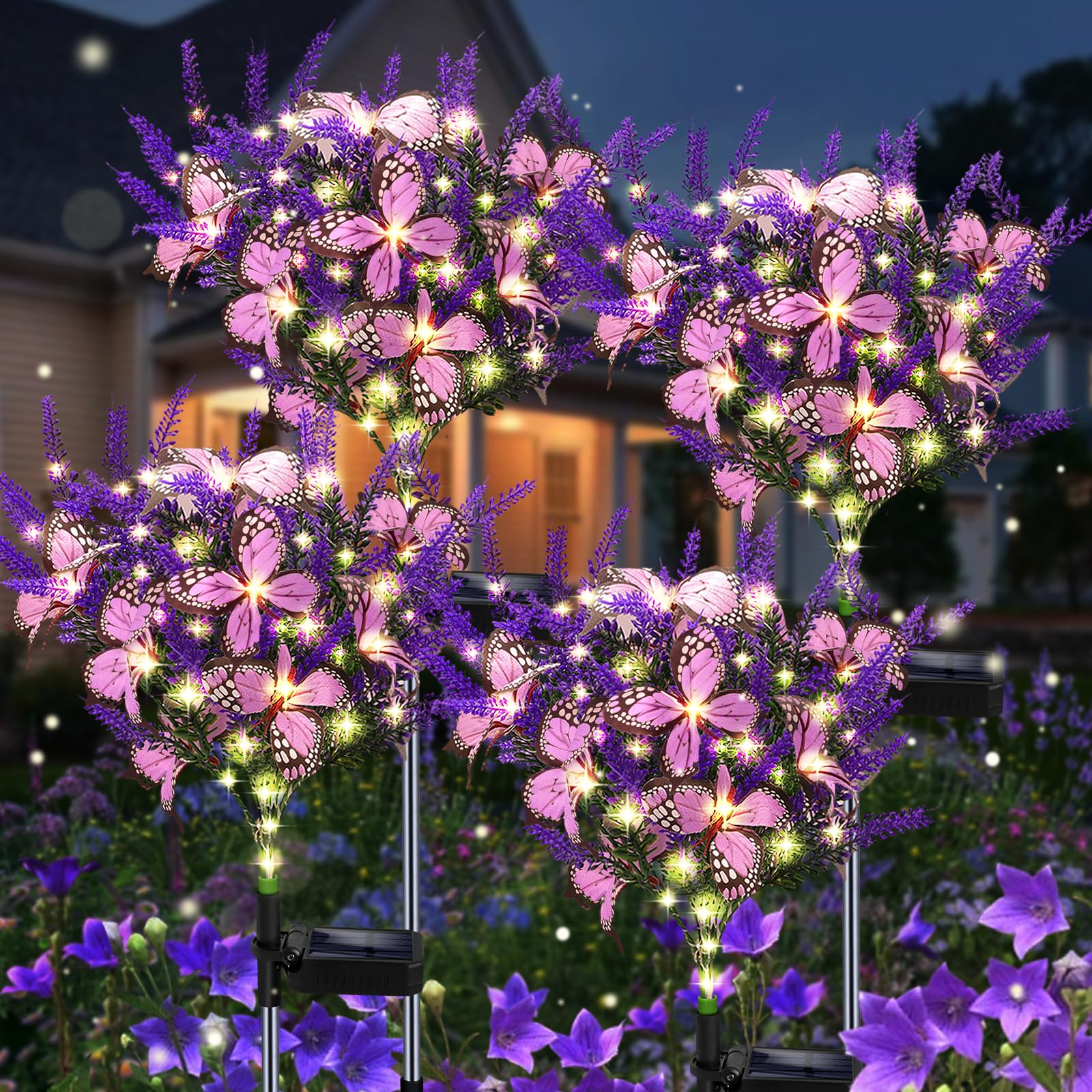 Solar Garden Lights Outdoor, 4 Pack Purple Lavender Solar Butterfly Lights Gardening Gifts for Women, Artificial Flower with Butterfly Purple Garden