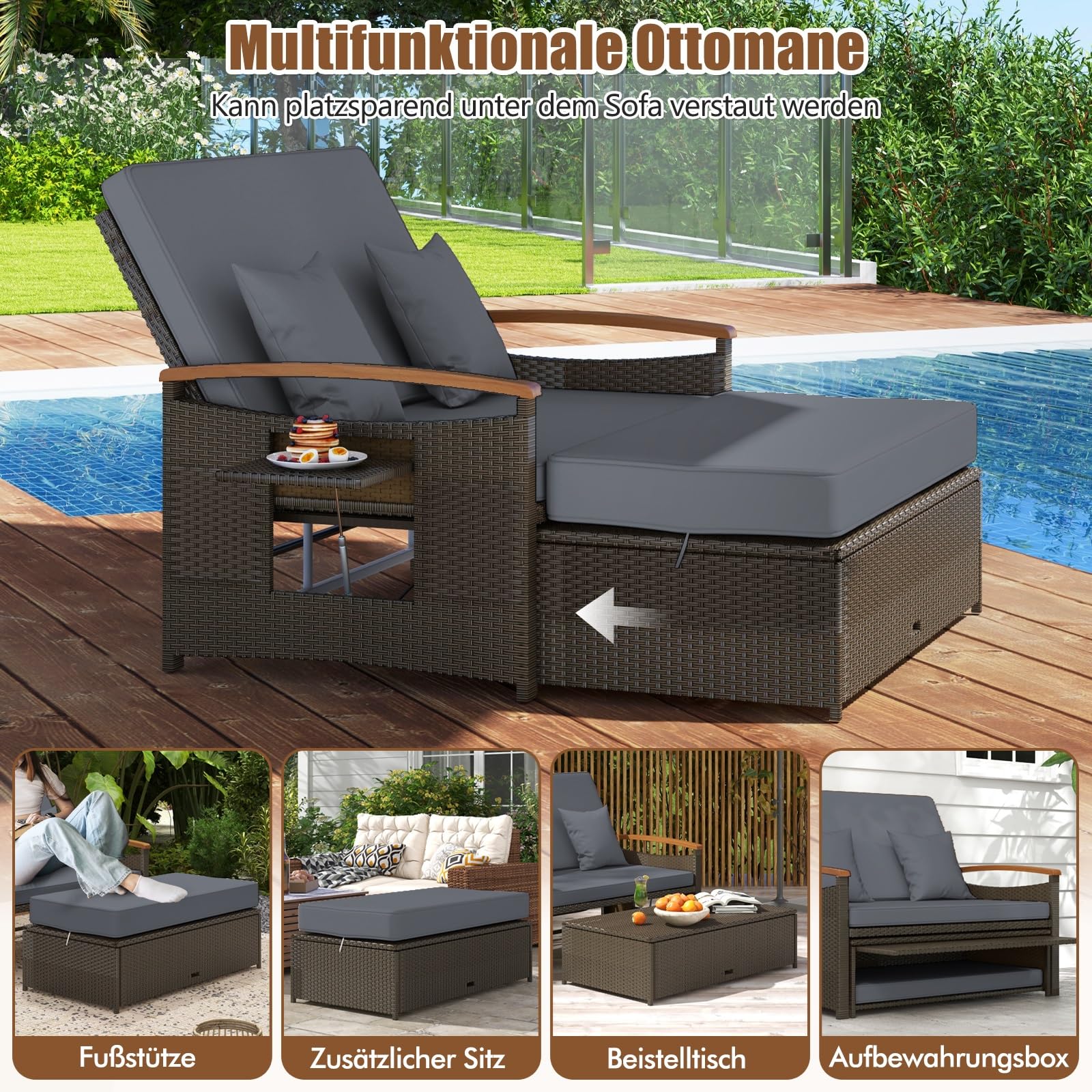 GIANTEX Lounge Möbel Outdoor, Outdoor Sofa, Gartensofa mit Liegefunktion, Garten Doppelliege Gartenliege 2 Personen, Gartenlounge Rattan, Balkon Lounge Sofa, Daybed Garten, Balkonsofa Kleiner Balkon