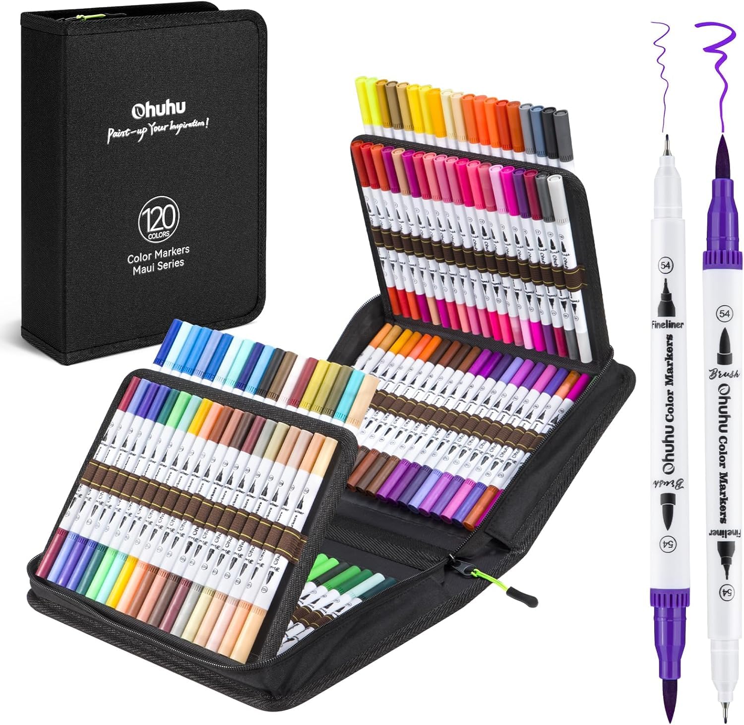 Ohuhu Feutres Coloriage Adulte Enfants, 120 Couleur Feutre Double Pointe Aquarelle Stylos Pointe Fine Pour Dessin, Manga, Doodling, Scrapbooking, Série Maui – Sac de Transport