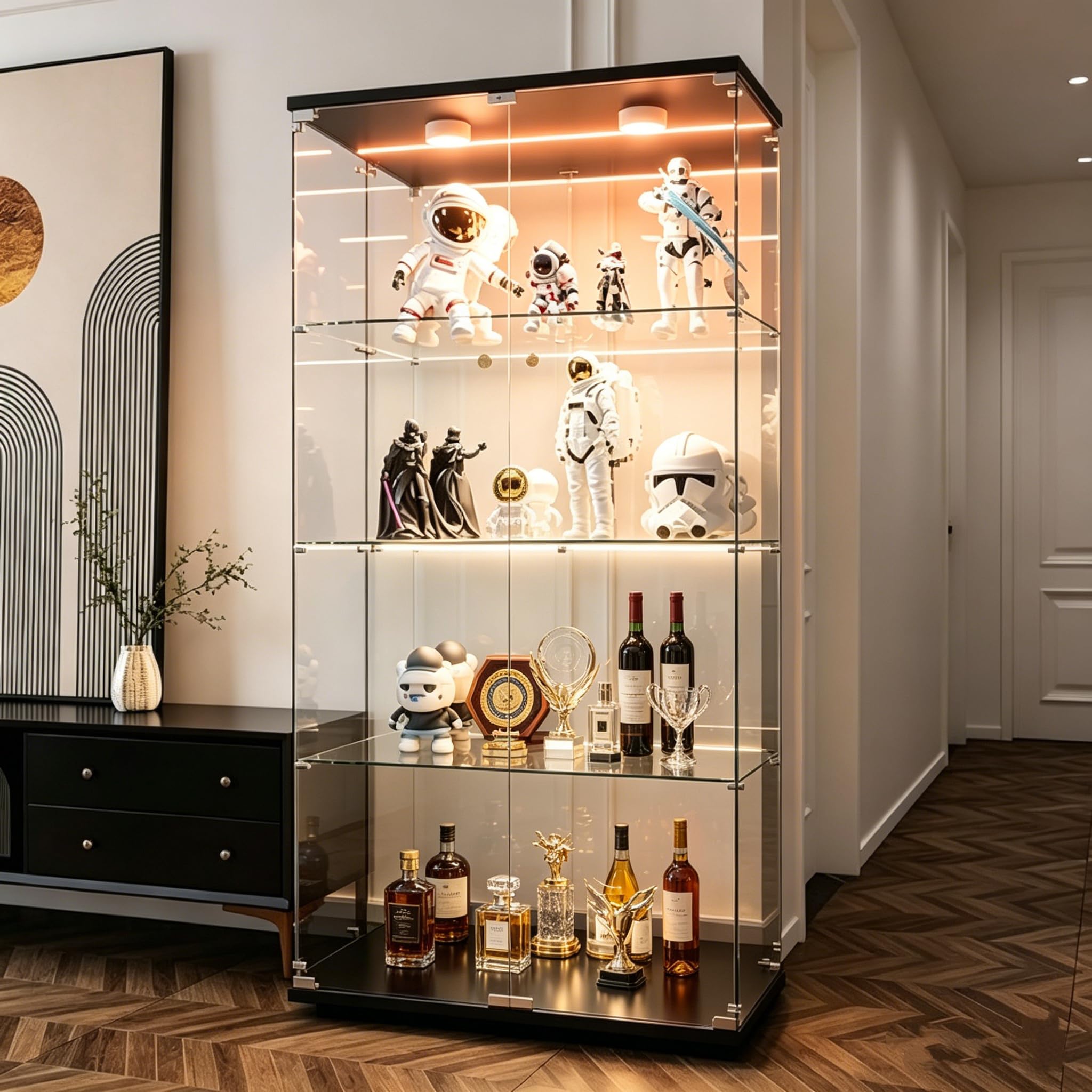 Vitrina de Cristal Con 4 Estantes, 164 x 81 x 37 cm, Mueble Para Colección Con LED y Puertas, Transparente Armadura de Cristal (Doble Puerta Con Luz, Ferroso A)