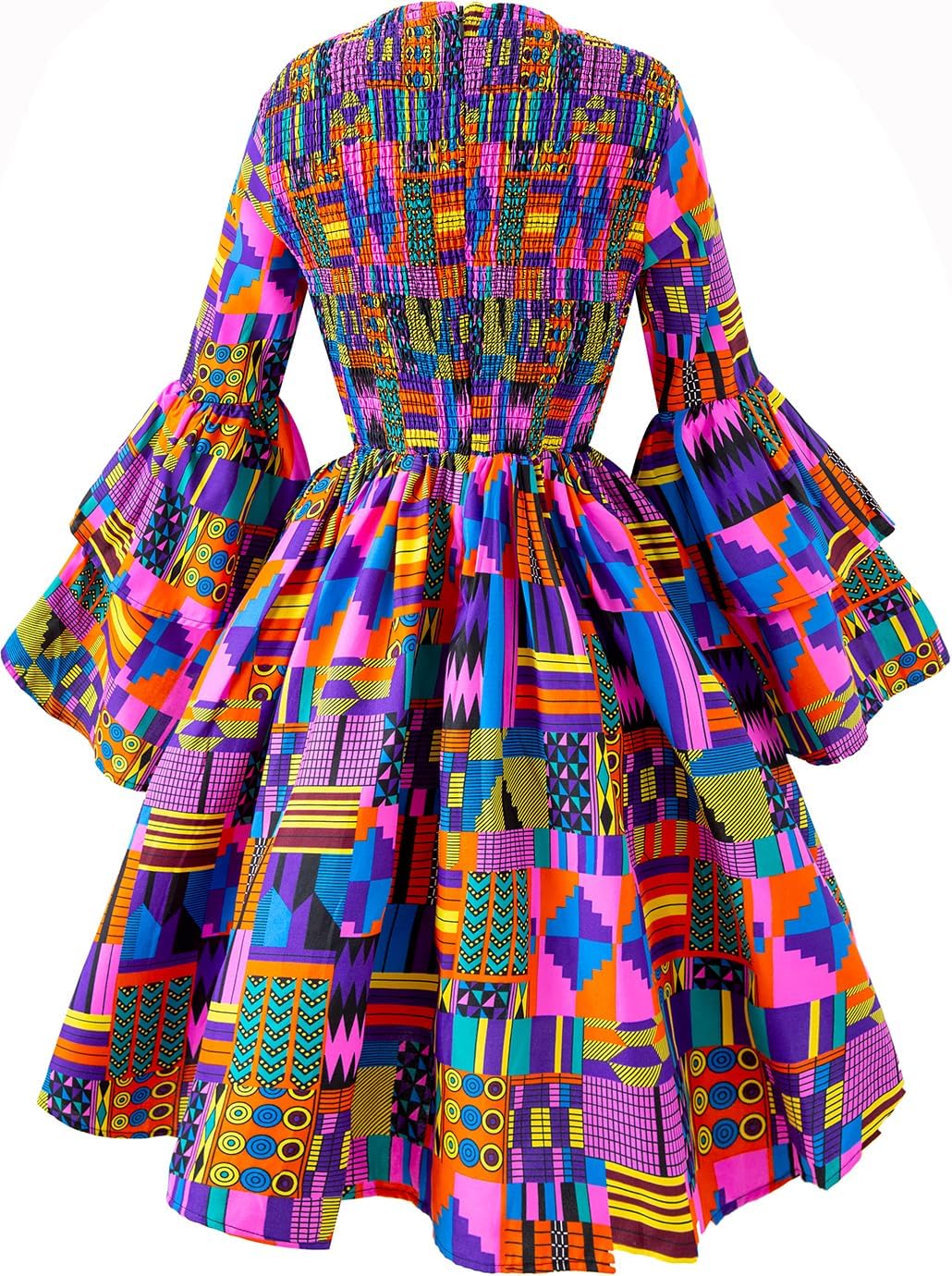 Women's African Ruffle Long Sleeve Dress Ankara Print Maxi Dresses - Image 2