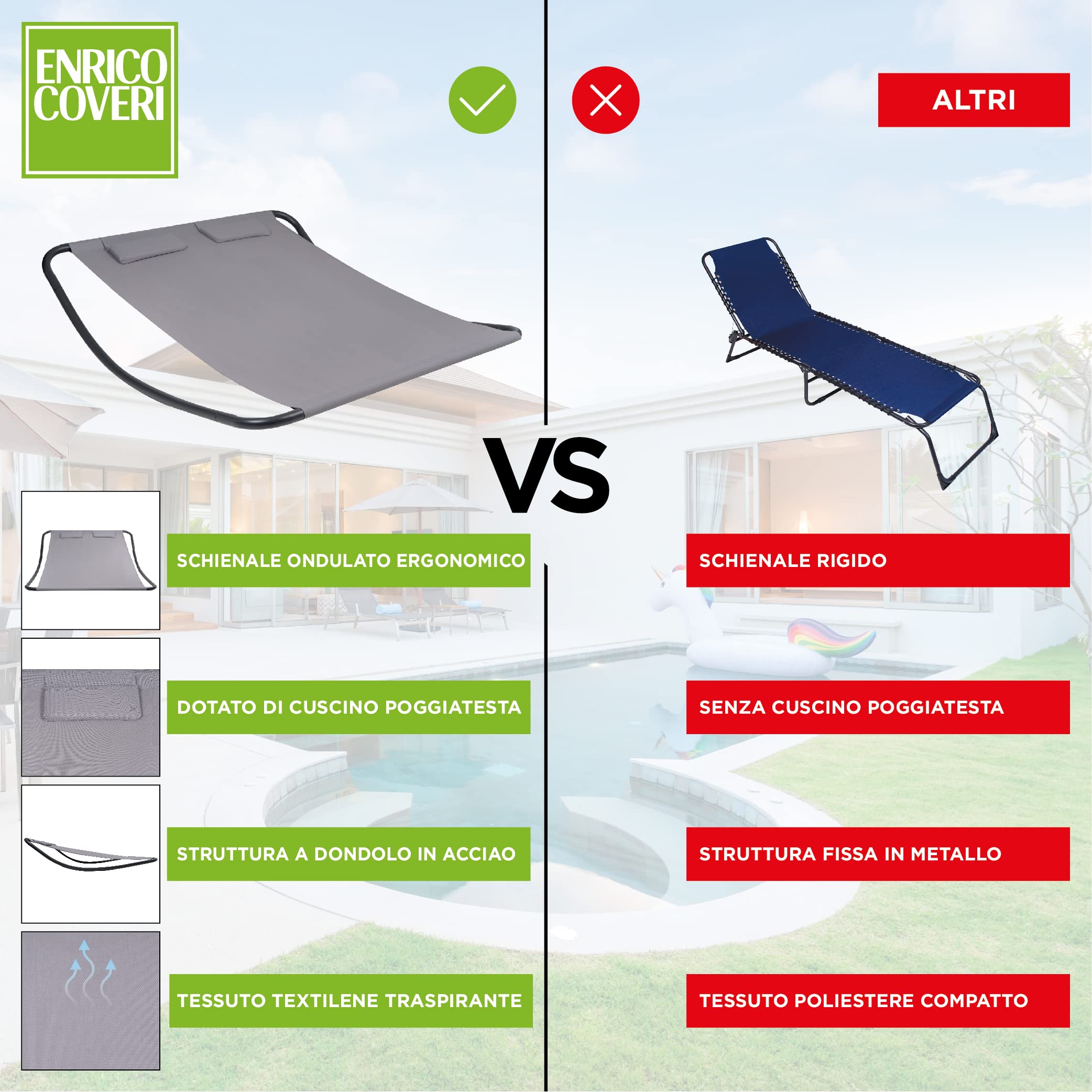 Hortan Lettino Matrimoniale Prendisole con Seduta Ergonomica In Tessuto Textilene, Cuscino Poggiatesta e Struttura A Dondolo In Acciaio Per Arredo Esterno, Giardino, Piscina e Terrazzo