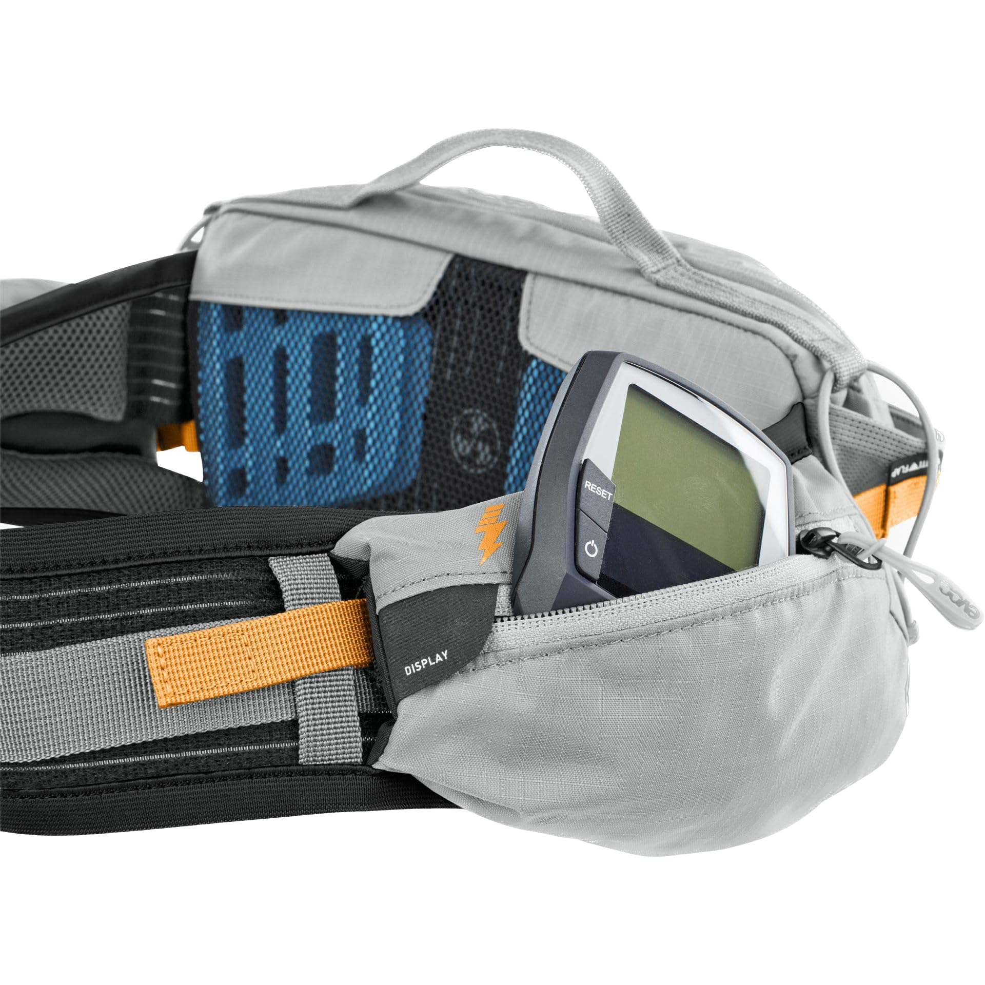 Torba biodrowa EVOC HIP PACK PRO E-RIDE 3 na wycieczki rowerowe i szlaki (pojemność 3 l, AIRFLOW CONTACT SYSTEM, pas biodrowy AIRO FLEX, system VENTI FLAP, uchwyt na butelkę), kolor: kamienny szary