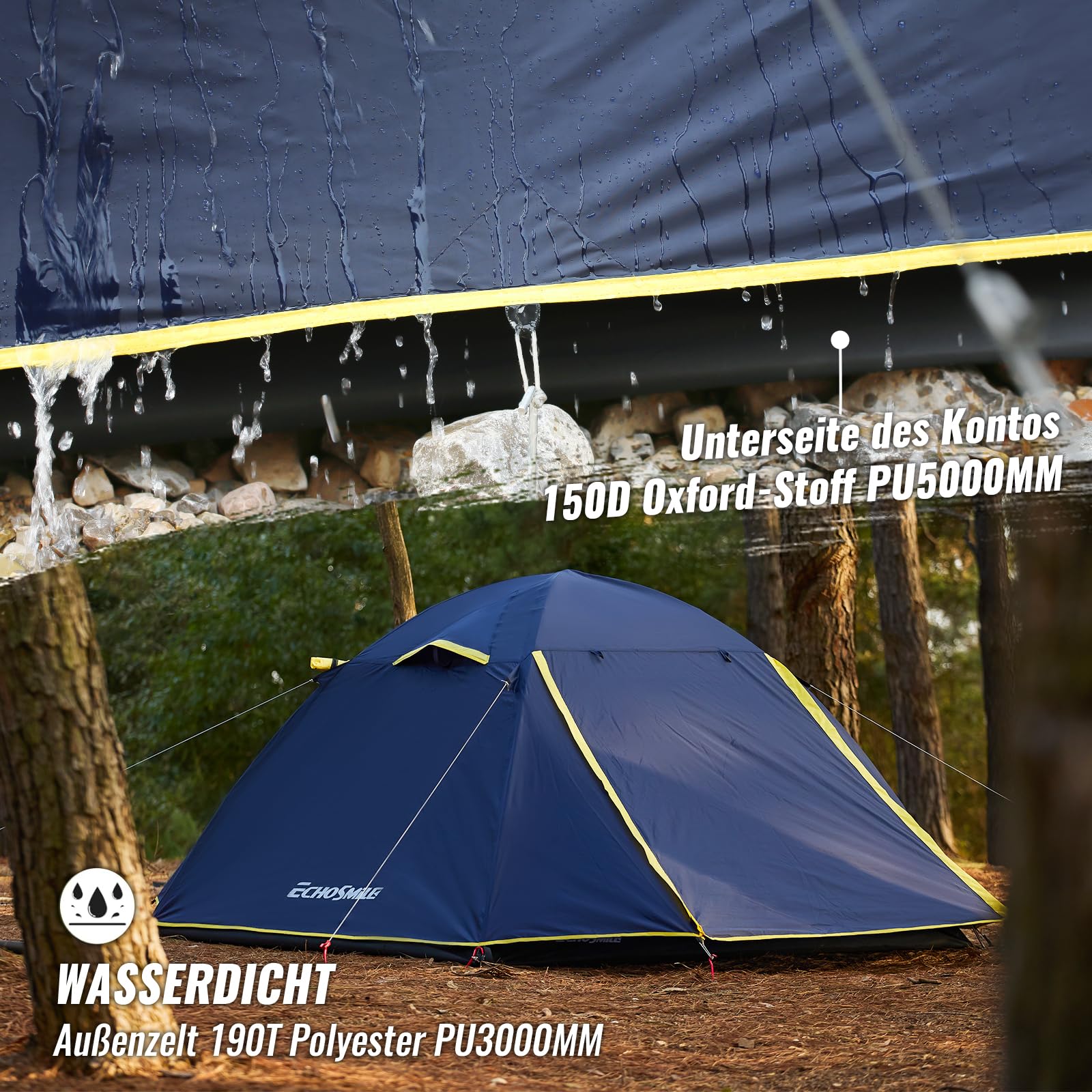 EchoSmile Zelt 3 Personen, Geräumiges Kuppelzelt für 3-5 Personen mit Erweiterbarem Raum, aufzubauendes Zelt für Picknick, Wandern und Outdoor Aktivitäten