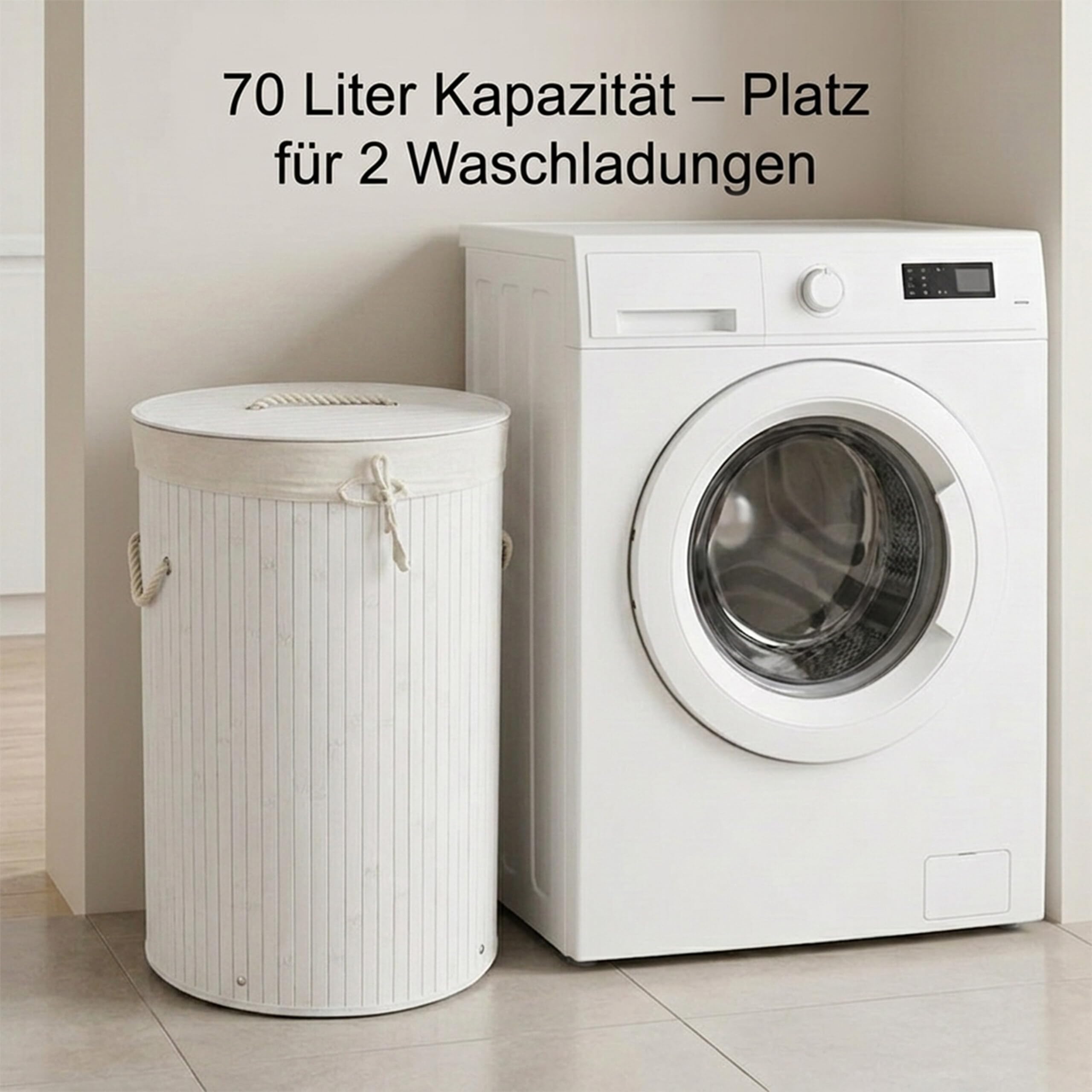 Relaxdays Wäschekorb Bambus, faltbare Wäschetonne mit Deckel, Volumen 70 l, Wäschesack Baumwolle, rund Ø 41 cm, weiß