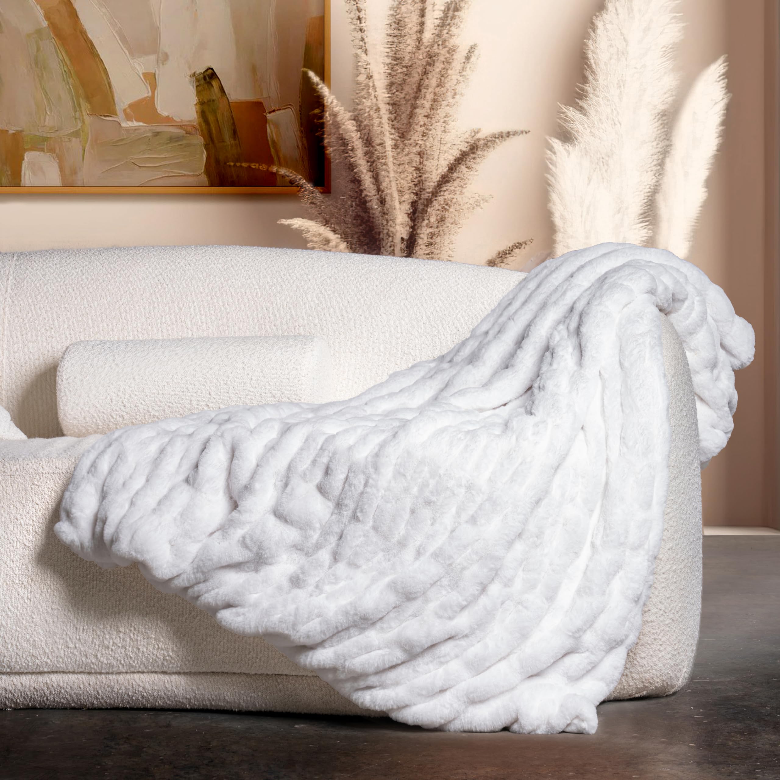 Luxury Concepts Soft Faux Rabbit Fur Throw Blanket - 50" x 60", Elegant Ruched Design Blanket, Machine Washable and Wrinkle Resistant, Lightweight White Throw Blanket for Couch, Sofa and BedOEKO-TEX STANDARD 100
