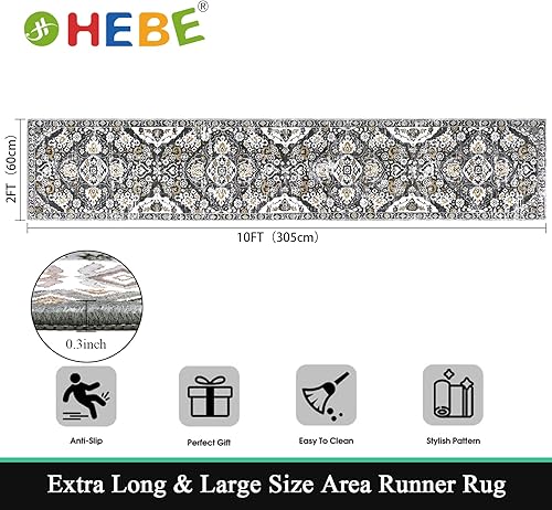 Miniatura 2 de HEBE - Alfombra de pasillo bohemia de 2 x 10 pies, antideslizante, envejecida, con medallón, lavable, alfombra larga vintage para entrada,