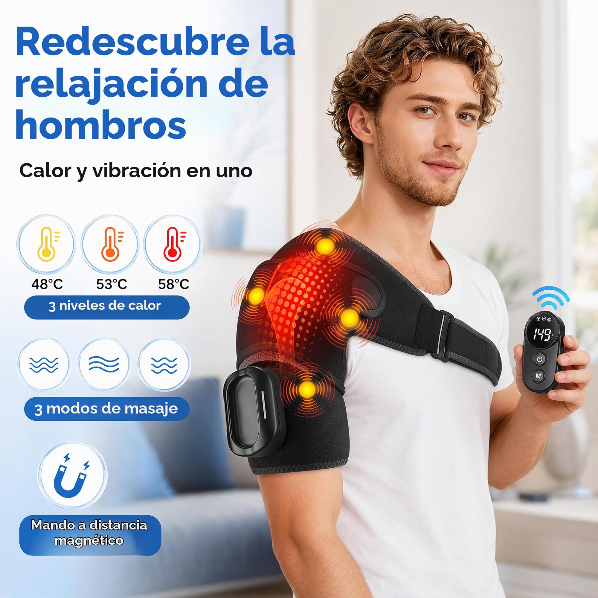 Masajeador de hombro 3 en 1 con mando a distancia, almohadilla térmica de hombro con 5 niveles de calor y 5 modos de vibración, batería de 5000 mAh, vendaje de hombro recargable con temporizador para